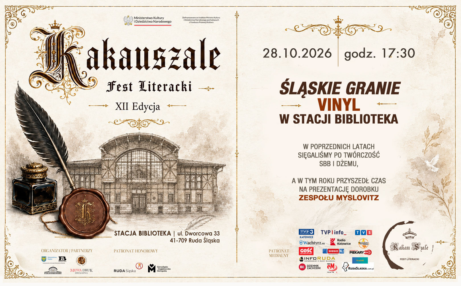 XII „KakauSzale” – Fest Literacki 2026 w Chebziu. „Śląskie Granie” – „Vinyl w Stacji Biblioteka” – Myslovitz. Plakat. 28 października 2026