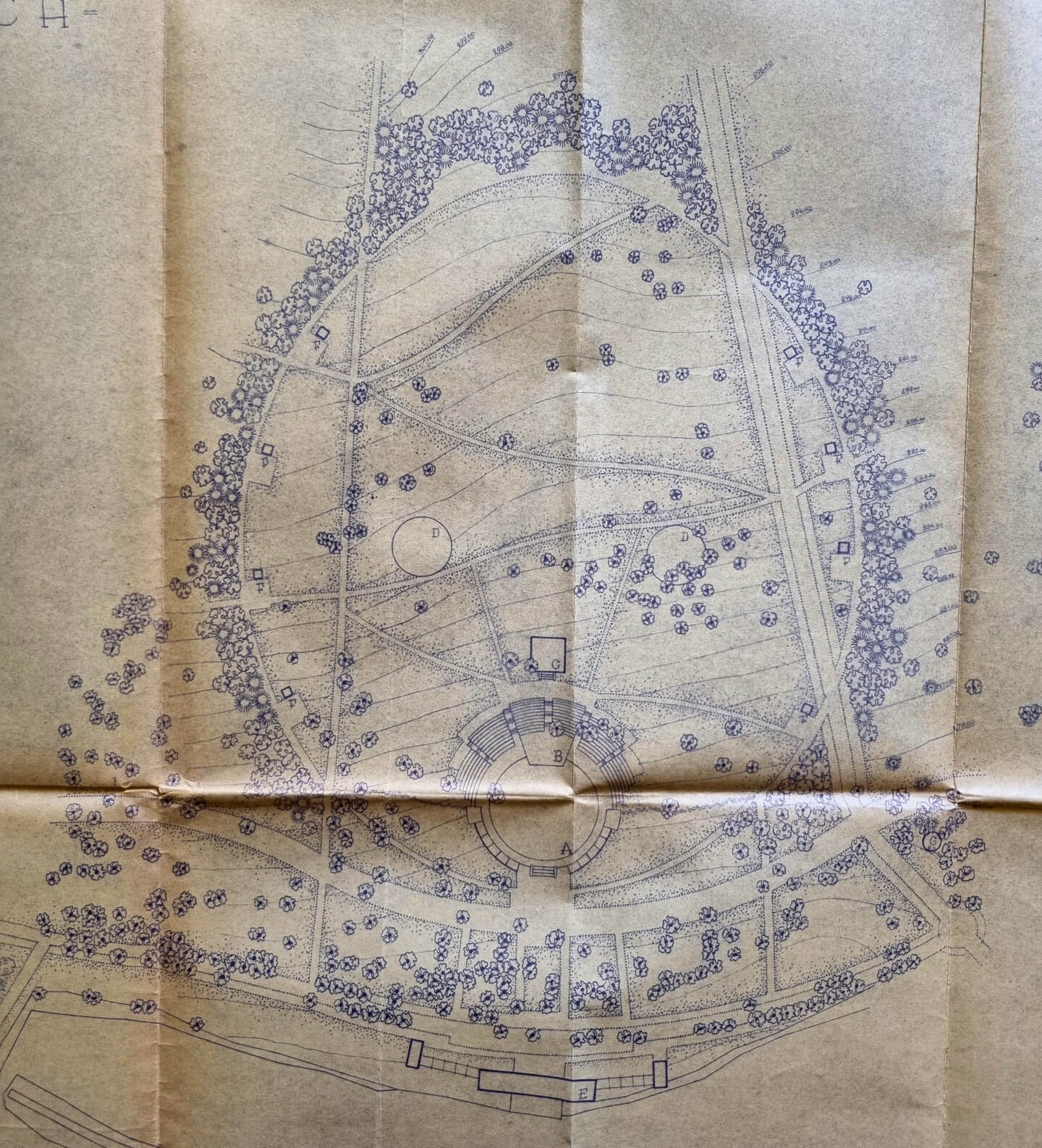 Rysunek projektowy Terenów Festynowych z Dużym Kręgiem Tanecznym i tylko dwoma Małymi Kręgami