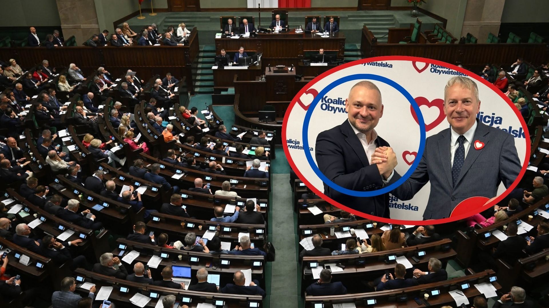 Sala plenarna Sejmu Rzeczypospolitej Polskiej. Poseł na Sejm RP Wojciech Król i Marszałek Województwa Śląskiego Wojciech Saługa