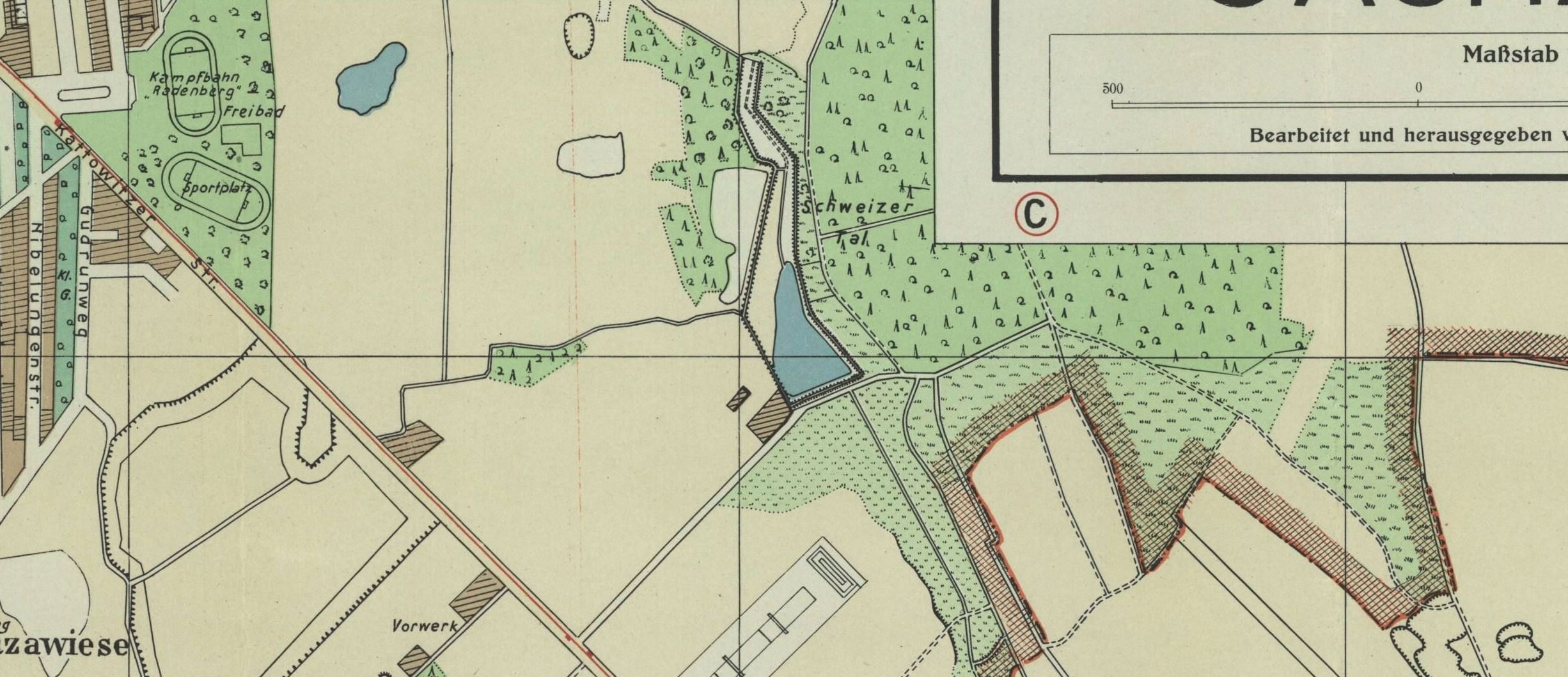Dolina Szwajcarska (Schweizer Tal) na planie Katowic z 1941 roku. W centrum Duży Staw, widoczny zasięg nowych nasadzeń.