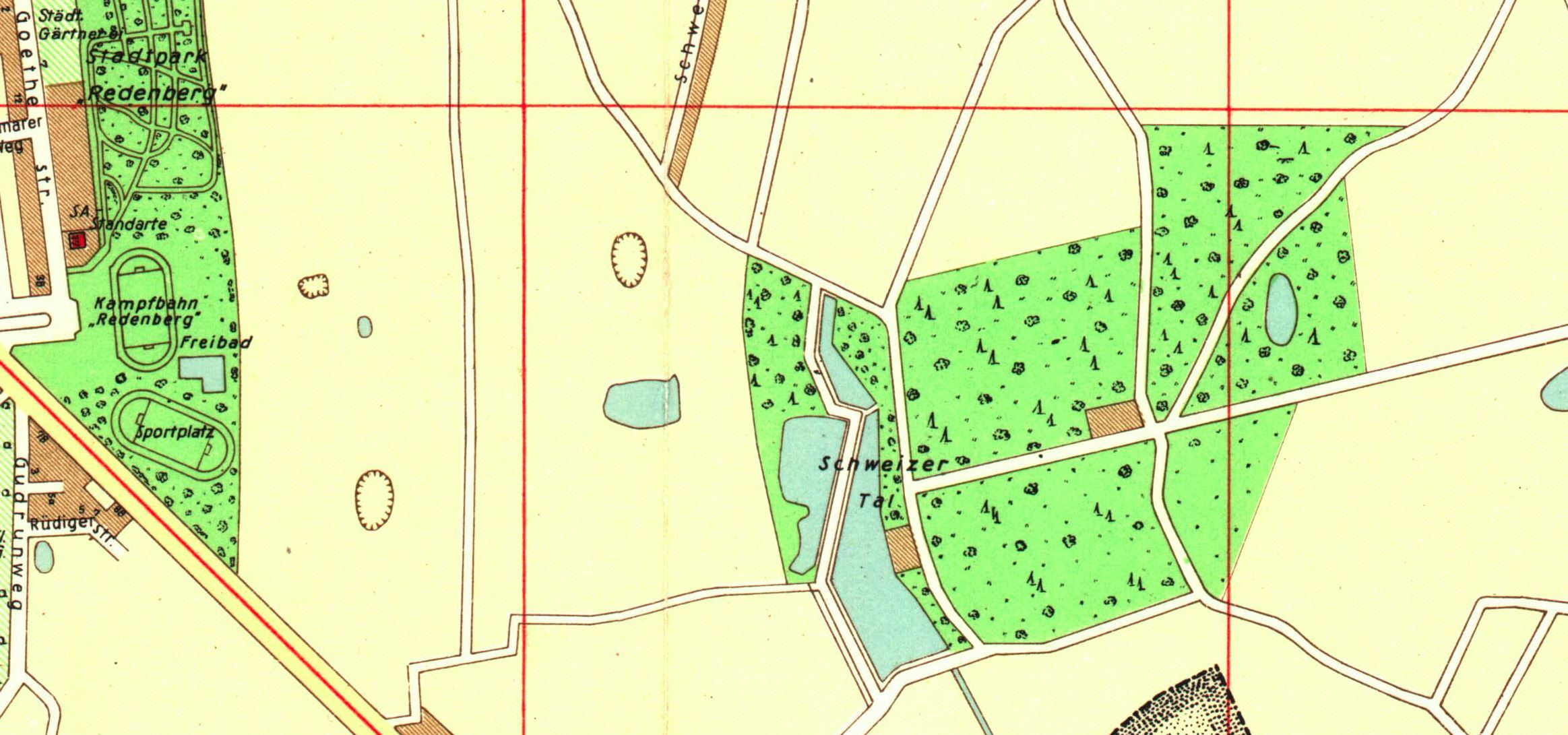 Schweizer Tal na planie Chorozwa z 1941 roku. Ru także zaznaczon oświezo zadrzewione oszary, m.in. w rejonie dzisiejszych Kręgów Tanecznych