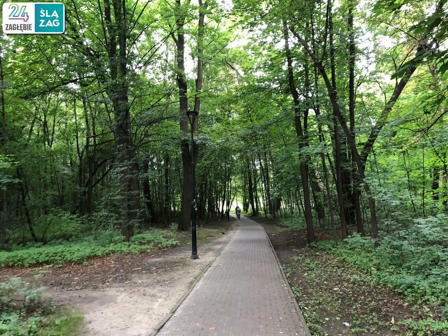Siemianowice Śląskie-Michałkowice. Ulica Samorządowców. Wejście do parku Górnik.  Test nawigacji rowerowych: Google Maps, Apple Maps, Mapy.cz. Zdjęcia z trasy. 9 sierpnia 2025.