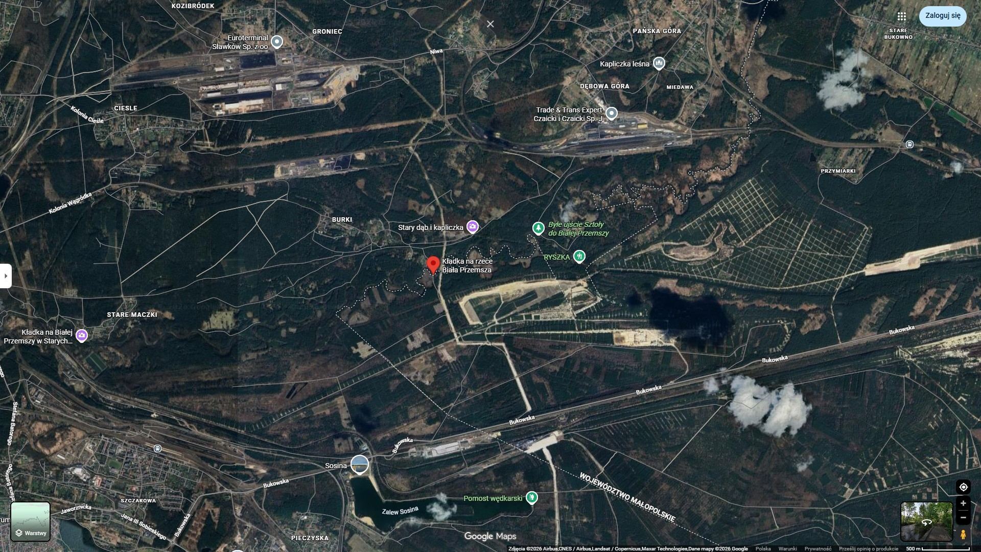 Sławków-Burki. Mostek nad Białą Przemszą i okolice. Mapa. 19 maja 2026