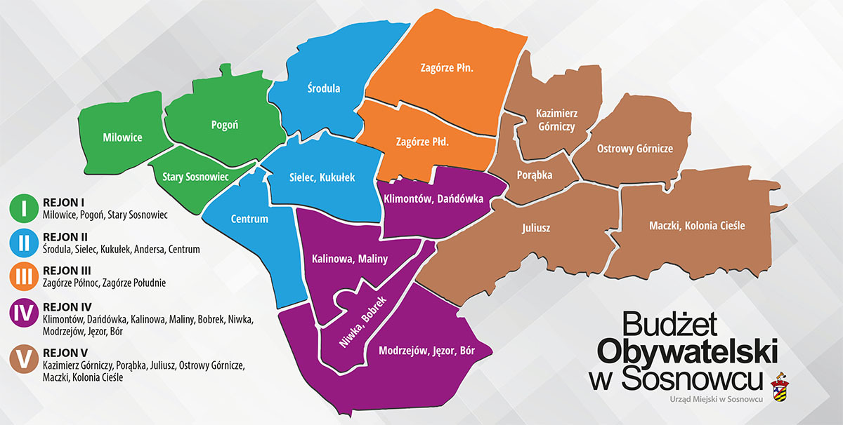 XII Budżet Obywatelski w Sosnowcu (2026). Mapa rejonów.