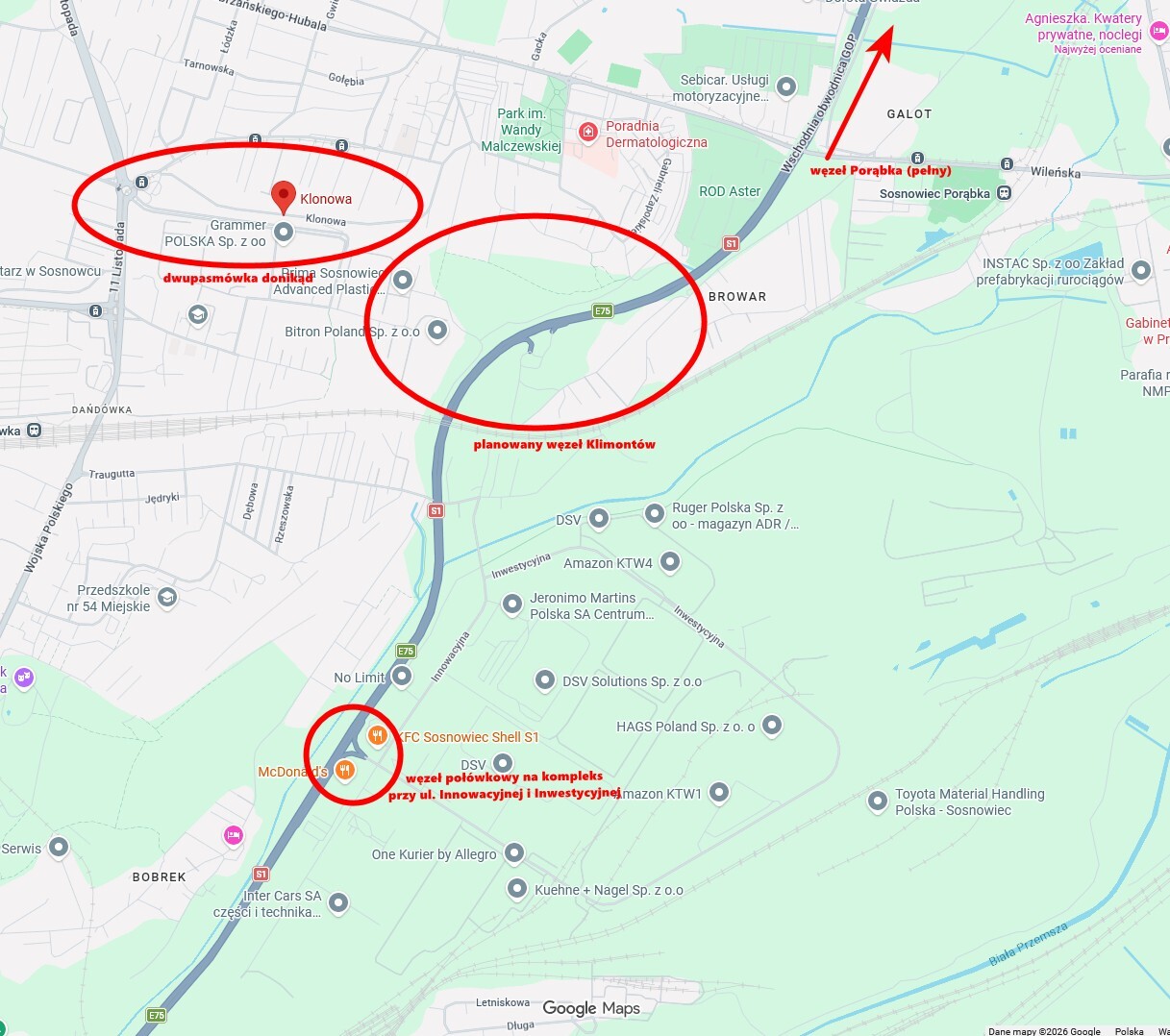 Sosnowiec. Lokalizacja planowanego węzła Klimontów z drogą ekspresową S1 dla Dańdówki, Klimontowa i Bobrka. Zaznaczone droga donikąd oraz centrum magazynowo-logistyczne. Mapa
