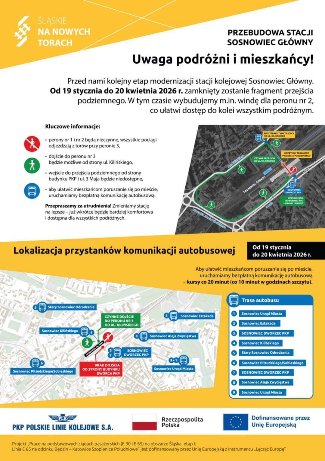 Sosnowiec. Tunel dla pieszych pod dworcem kolejowym głównym – zamknięcie. Infografika. 19 stycznia - 20 kwietnia 2026.