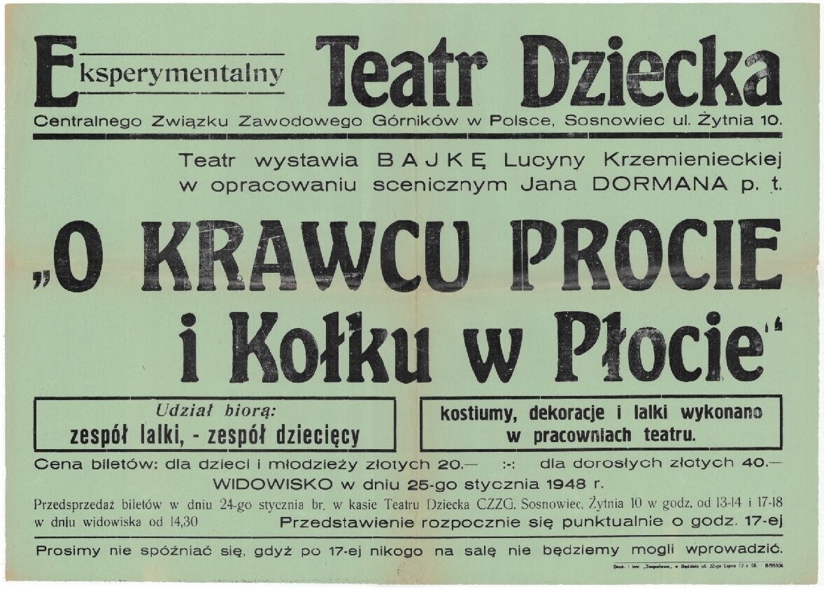 Sosnowiec. Eksperymentalny Teatr Dziecka Centralnego Związku Zawodowego Górników w Sosnowcu. Jan Dorman – „O krawcu Procie i Kołku w Płocie” – afisz. 25 stycznia 1948