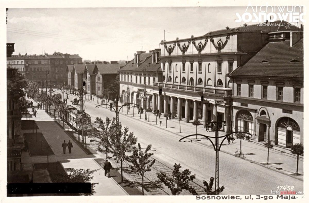 Sosnowiec. Hauptstrasse. Domy kolejowe, restauracja «Savoy», kinoteatr «Zagłębie», Dom Czterech Kupców. Lata 1939-1945.