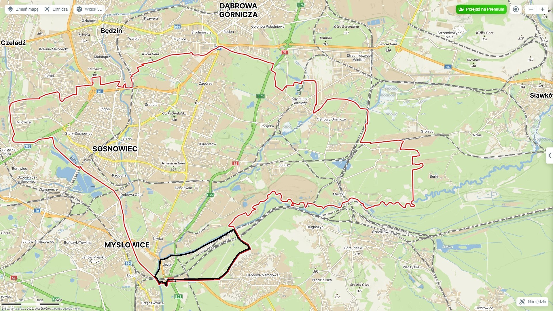 Sosnowiec – mapa z zaznaczonymi granicami dzielnicy Jęzor.