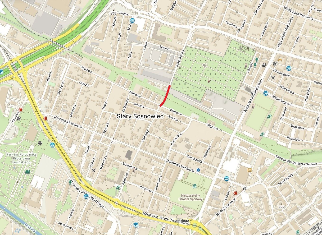 Sosnowiec. Łącznica między Pogonią a Starym Sosnowcem (ulica Gospodarcza). Mapa. 28 kwietnia 2025.