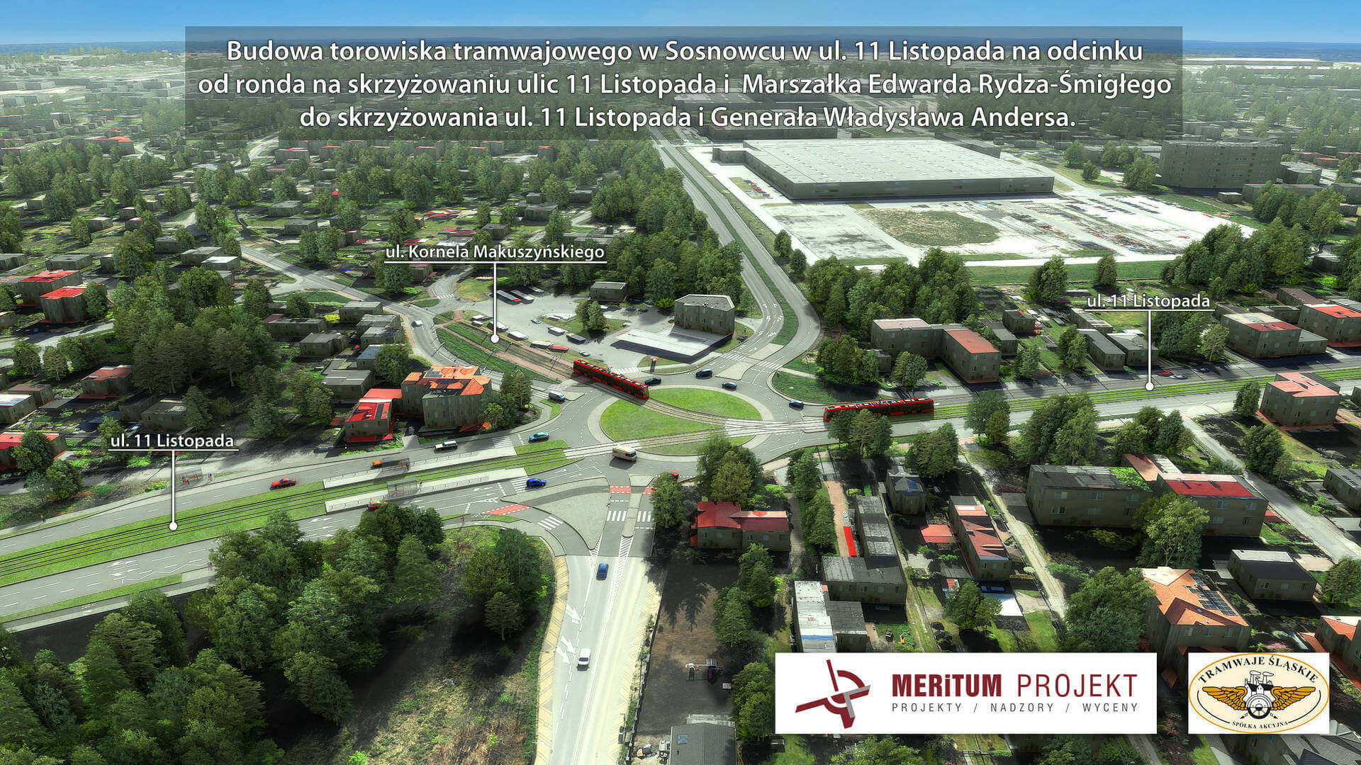 Sosnowiec. Nowa łącznica tramwajowa między pętlą na rondzie Jana Pawła II a torowiskiem na rondzie Żołnierzy Wyklętych. Wizualizacja. Październik 2026