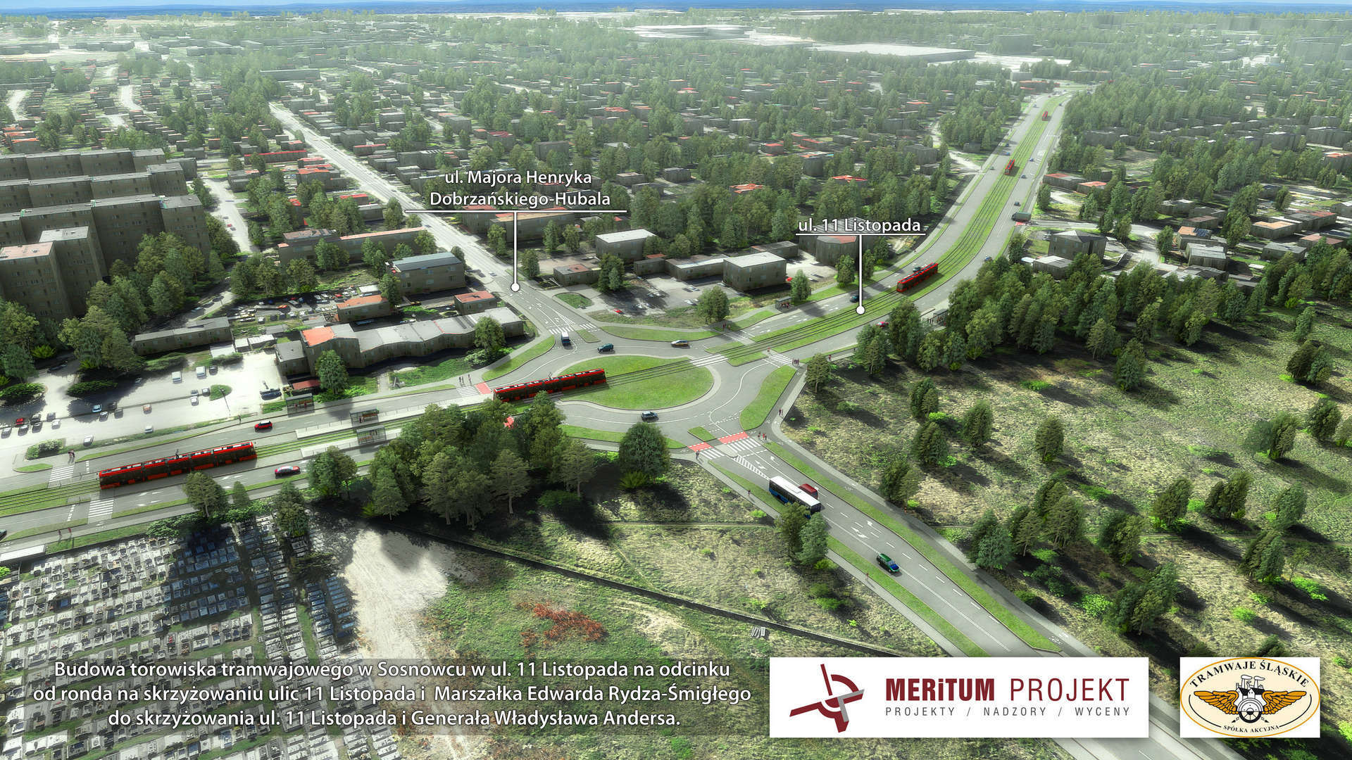 Sosnowiec. Nowa łącznica tramwajowa między pętlą na rondzie Jana Pawła II a torowiskiem na rondzie Żołnierzy Wyklętych. Wizualizacja. Październik 2026
