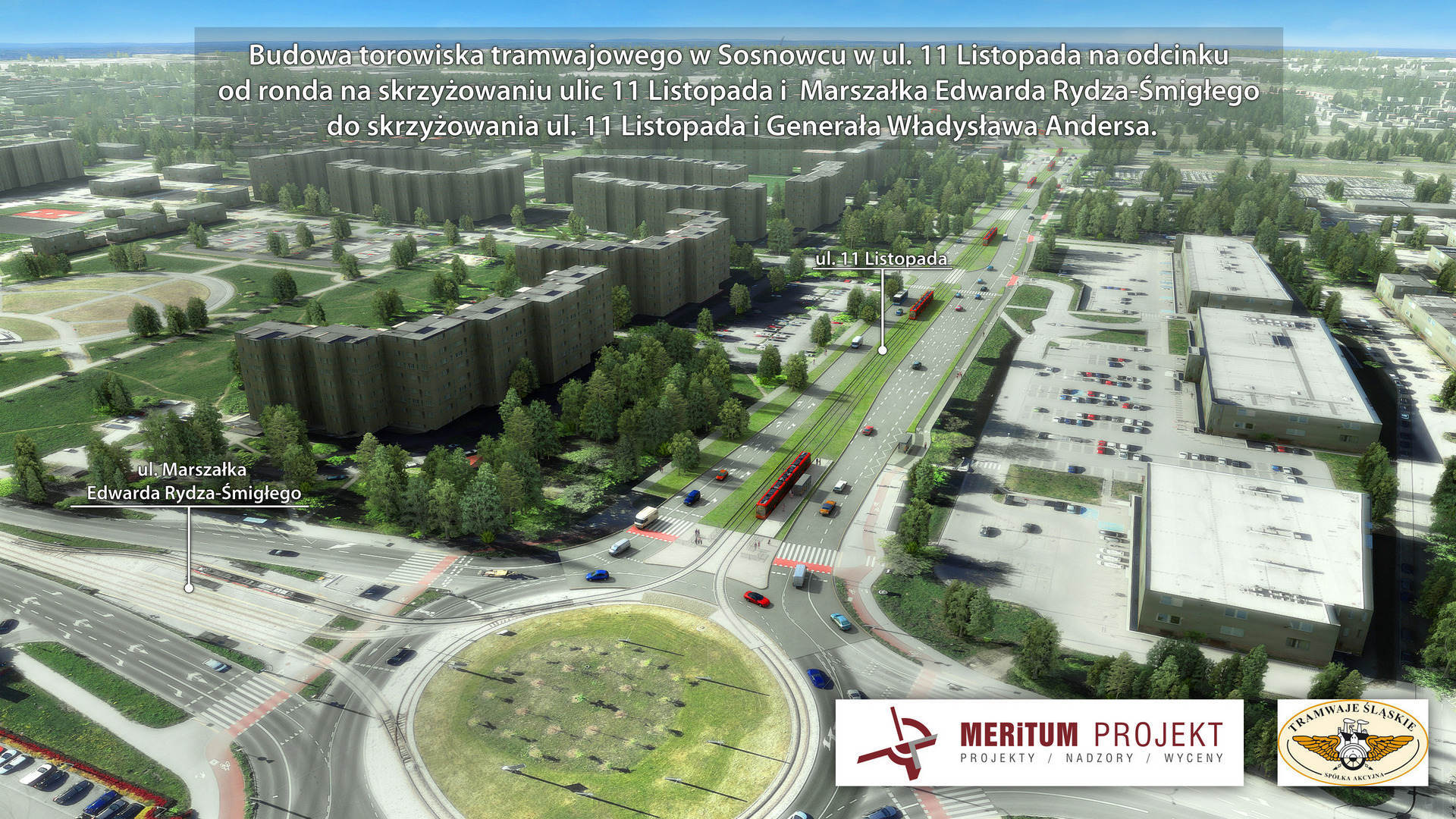 Sosnowiec. Nowa łącznica tramwajowa między pętlą na rondzie Jana Pawła II a torowiskiem na rondzie Żołnierzy Wyklętych. Wizualizacja. Październik 2026