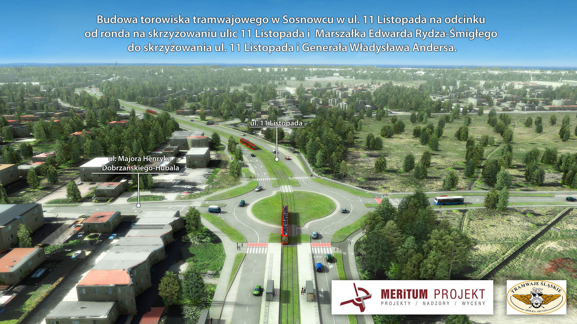 Sosnowiec. Nowa łącznica tramwajowa między pętlą na rondzie Jana Pawła II a torowiskiem na rondzie Żołnierzy Wyklętych. Wizualizacja. Październik 2026