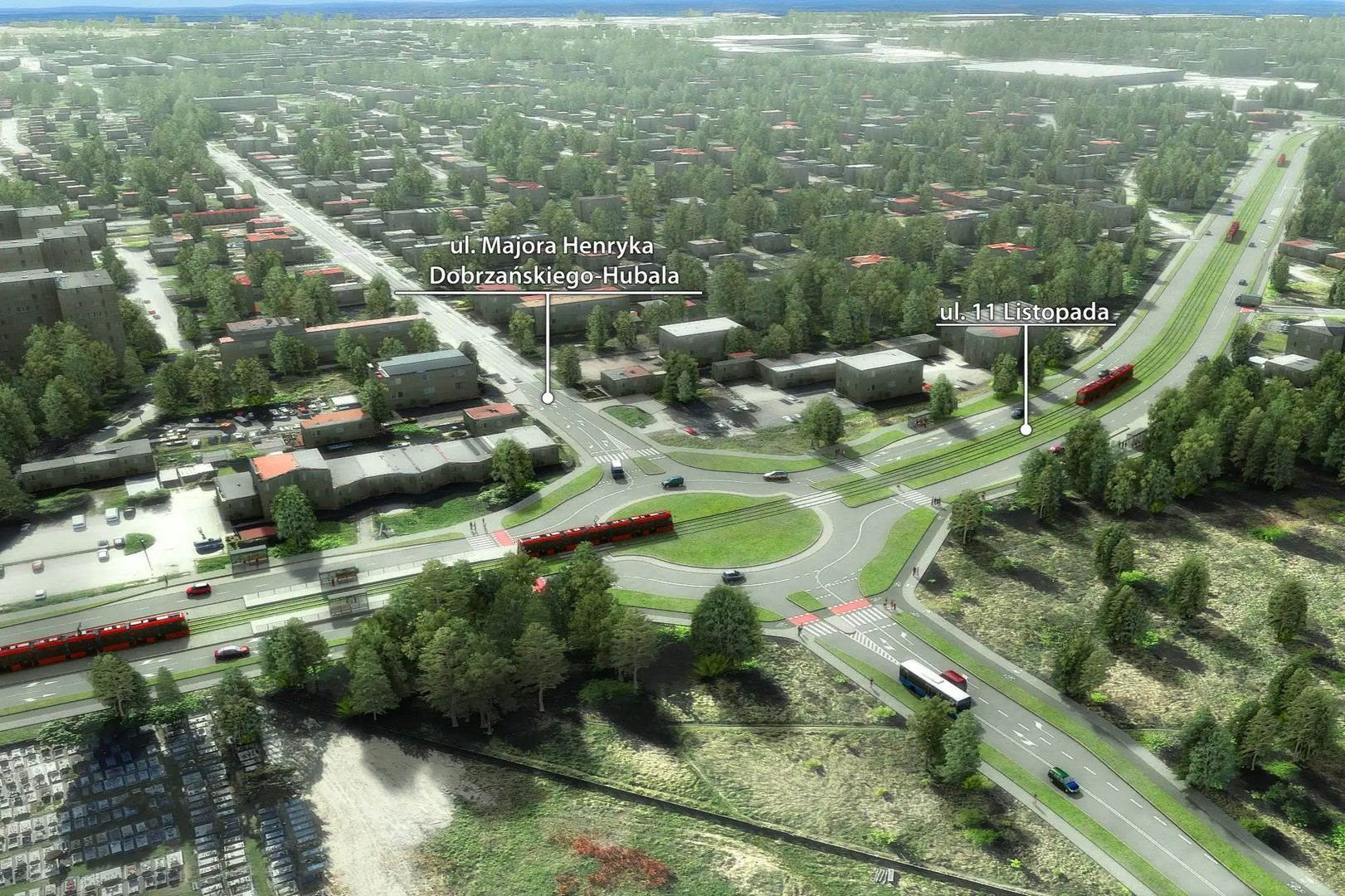 Sosnowiec. Nowa łącznica tramwajowa między pętlą na rondzie Jana Pawła II a torowiskiem na rondzie Żołnierzy Wyklętych. Wizualizacja. Październik 2026