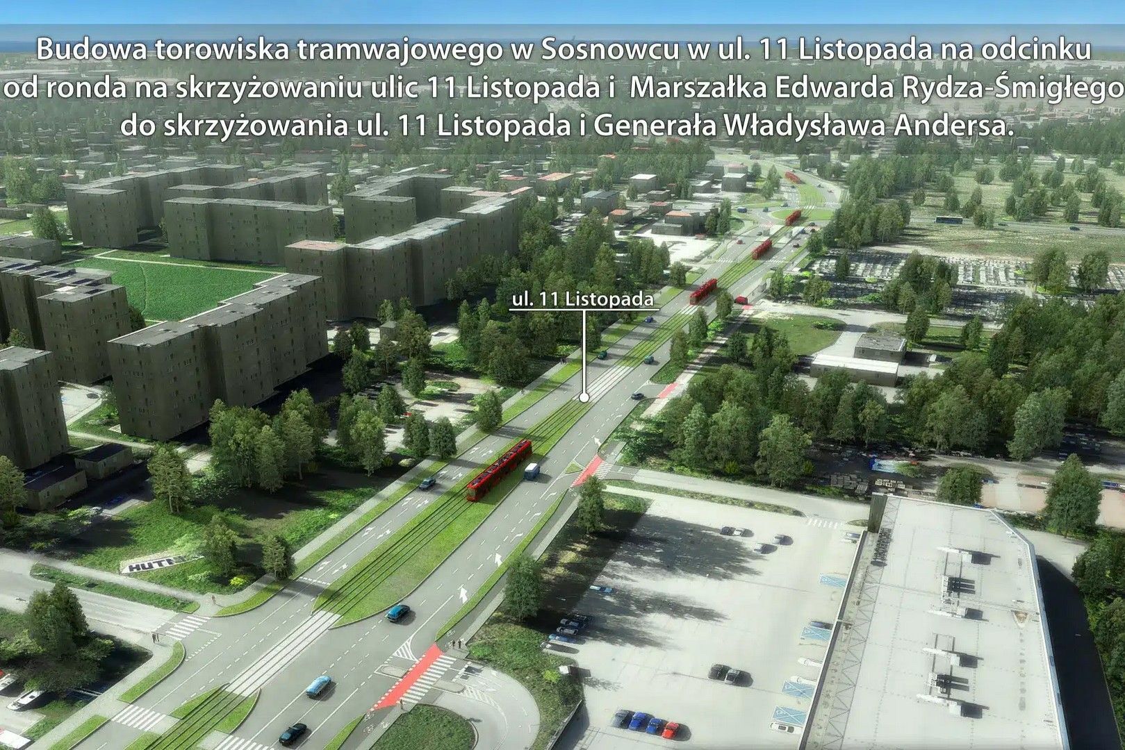 Sosnowiec. Nowa łącznica tramwajowa między pętlą na rondzie Jana Pawła II a torowiskiem na rondzie Żołnierzy Wyklętych. Wizualizacja. Październik 2026