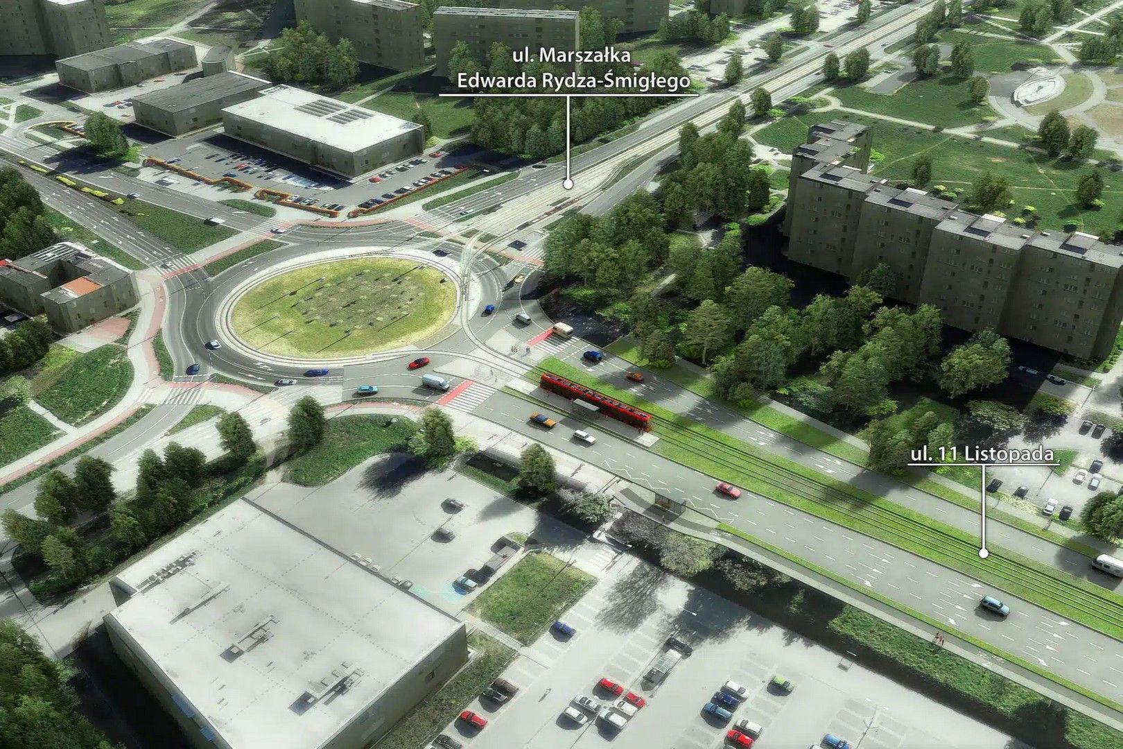 Sosnowiec. Nowa łącznica tramwajowa między pętlą na rondzie Jana Pawła II a torowiskiem na rondzie Żołnierzy Wyklętych. Wizualizacja. Październik 2026