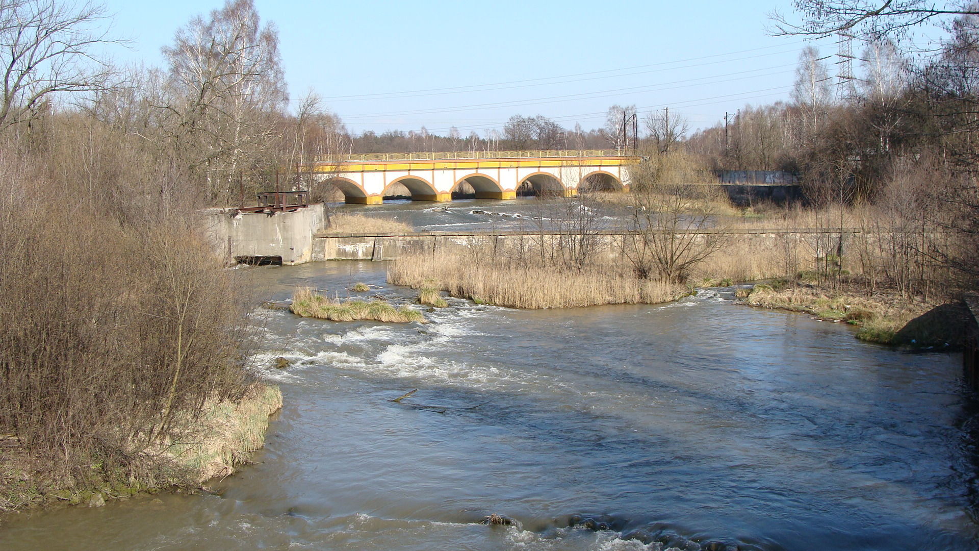 Sosnowiec-Maczki. Biała Przemsza, w tle most kolejowy. 30 marca 2008.