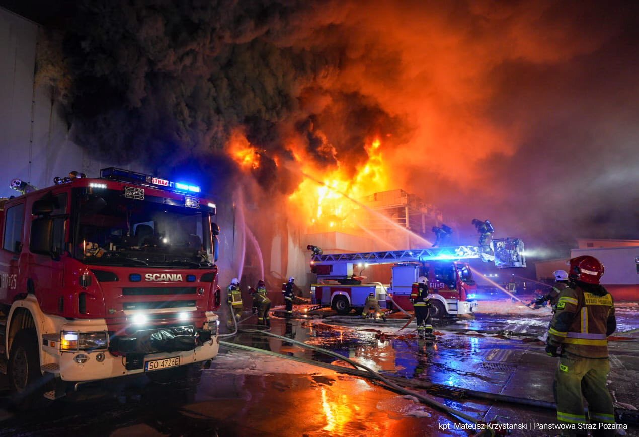 Sosnowiec-Milowice. Ul. Krzysztofa Kamila Baczyńskiego 165. Pożar hali w Zakładach Mięsnych „Duda” („Cedrob”). 10 maja 2025.