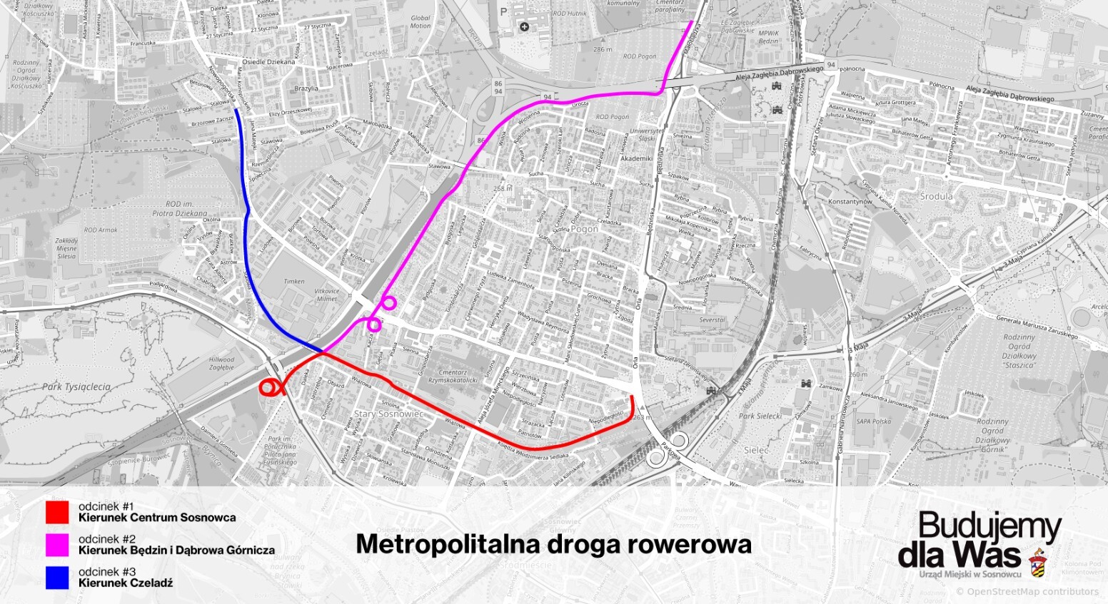 Sosnowiec. Planowana sieć velostrad. Mapa