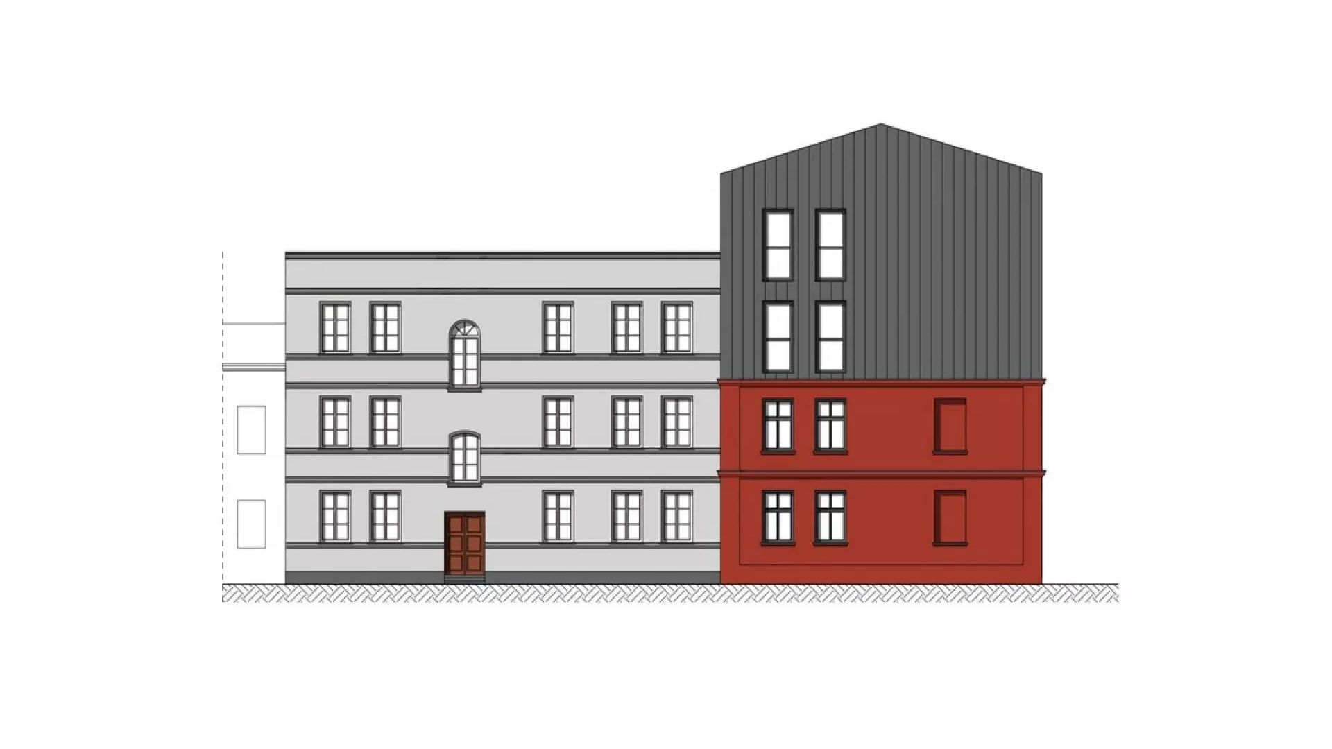 Sosnowiec-Pogoń. „3 Kamienice” – rysunek projektu u zbiegu ulic Grochowej i Marii Skłodowskiej-Curie. Elewacja północna.