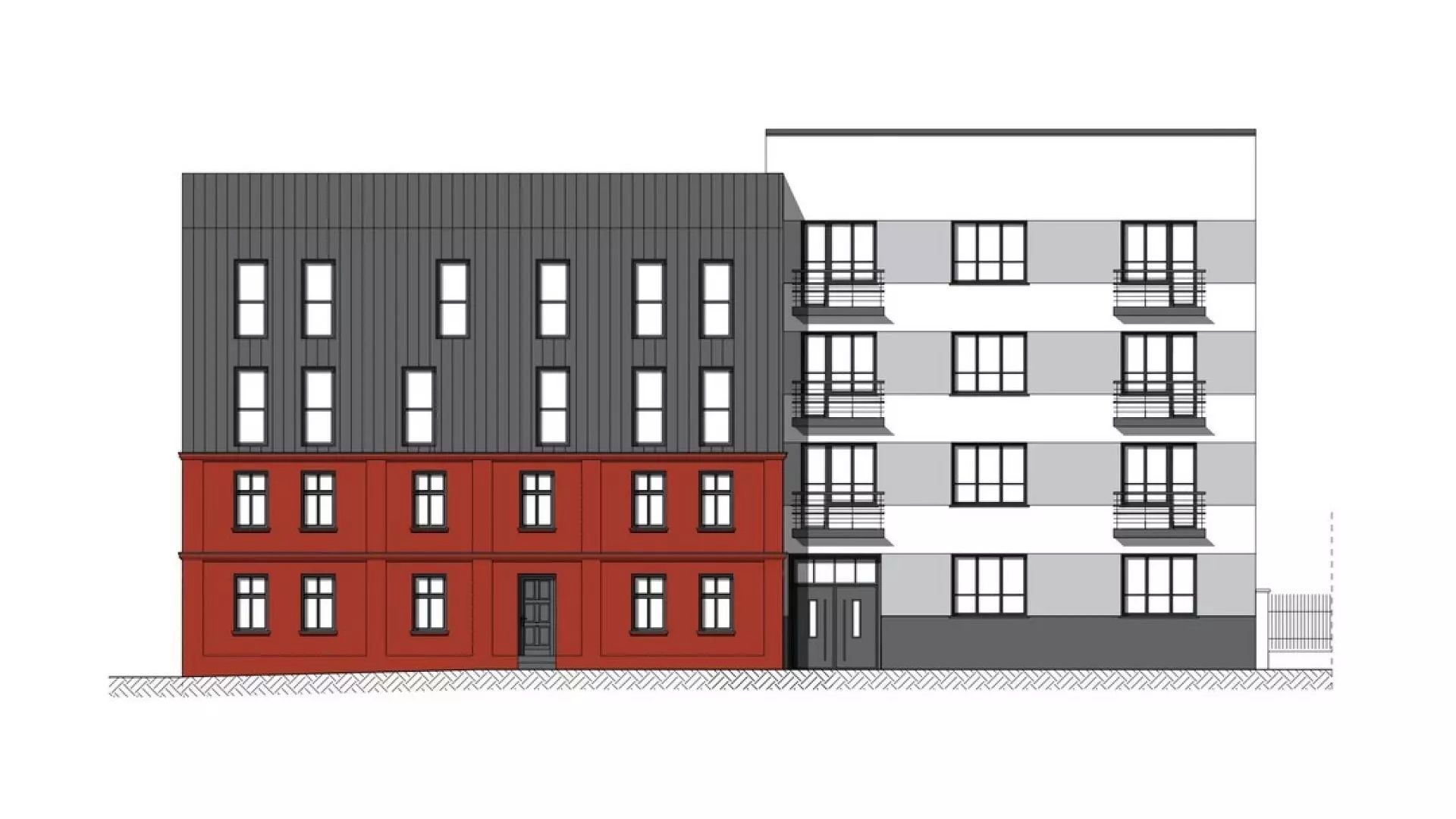 Sosnowiec-Pogoń. „3 Kamienice” – rysunek projektu u zbiegu ulic Grochowej i Marii Skłodowskiej-Curie. Elewacja zachodnia.