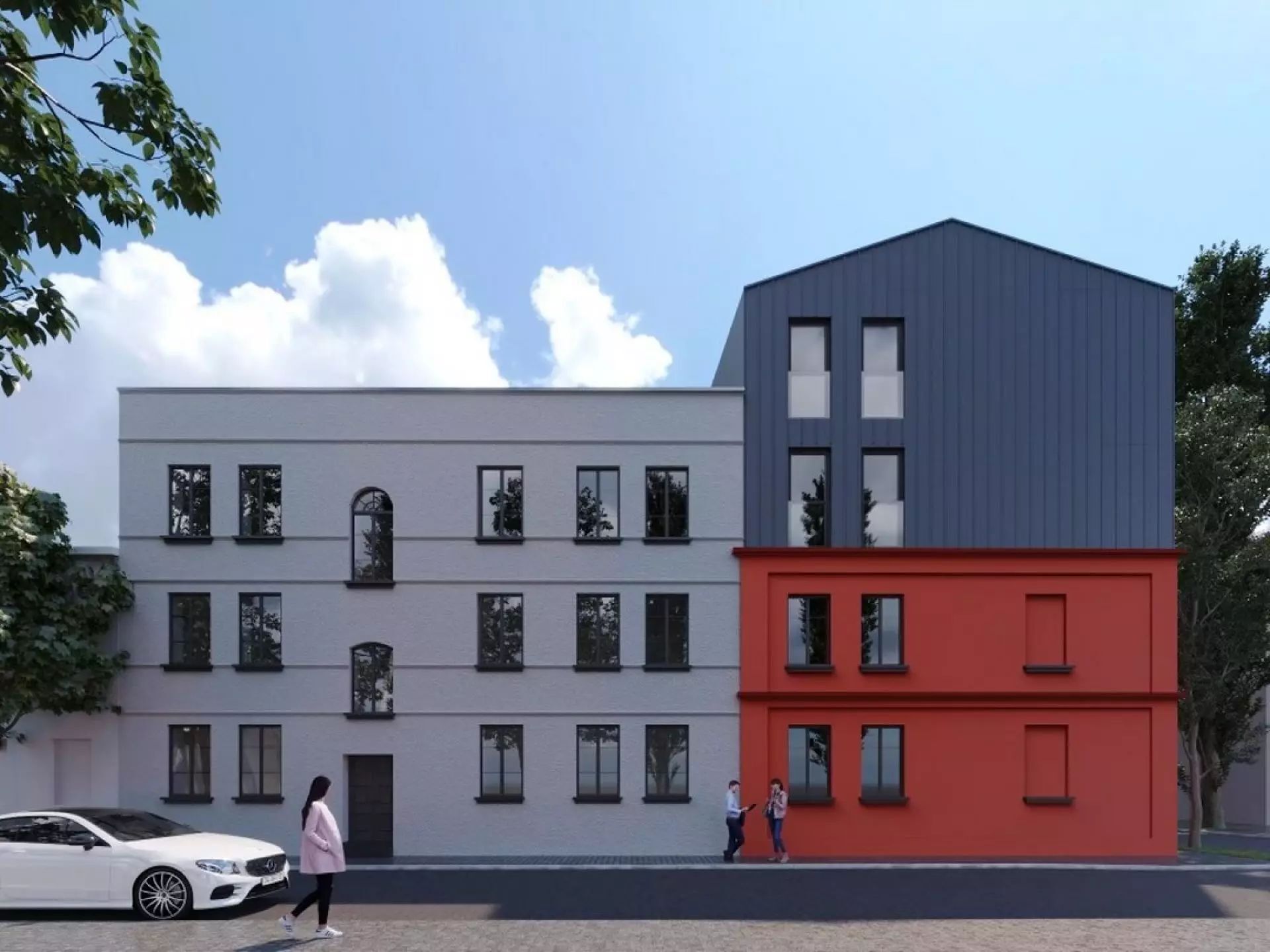 Sosnowiec-Pogoń. „3 Kamienice” – wizualizacja projektu u zbiegu ulic Grochowej i Marii Skłodowskiej-Curie. Elewacja północna.