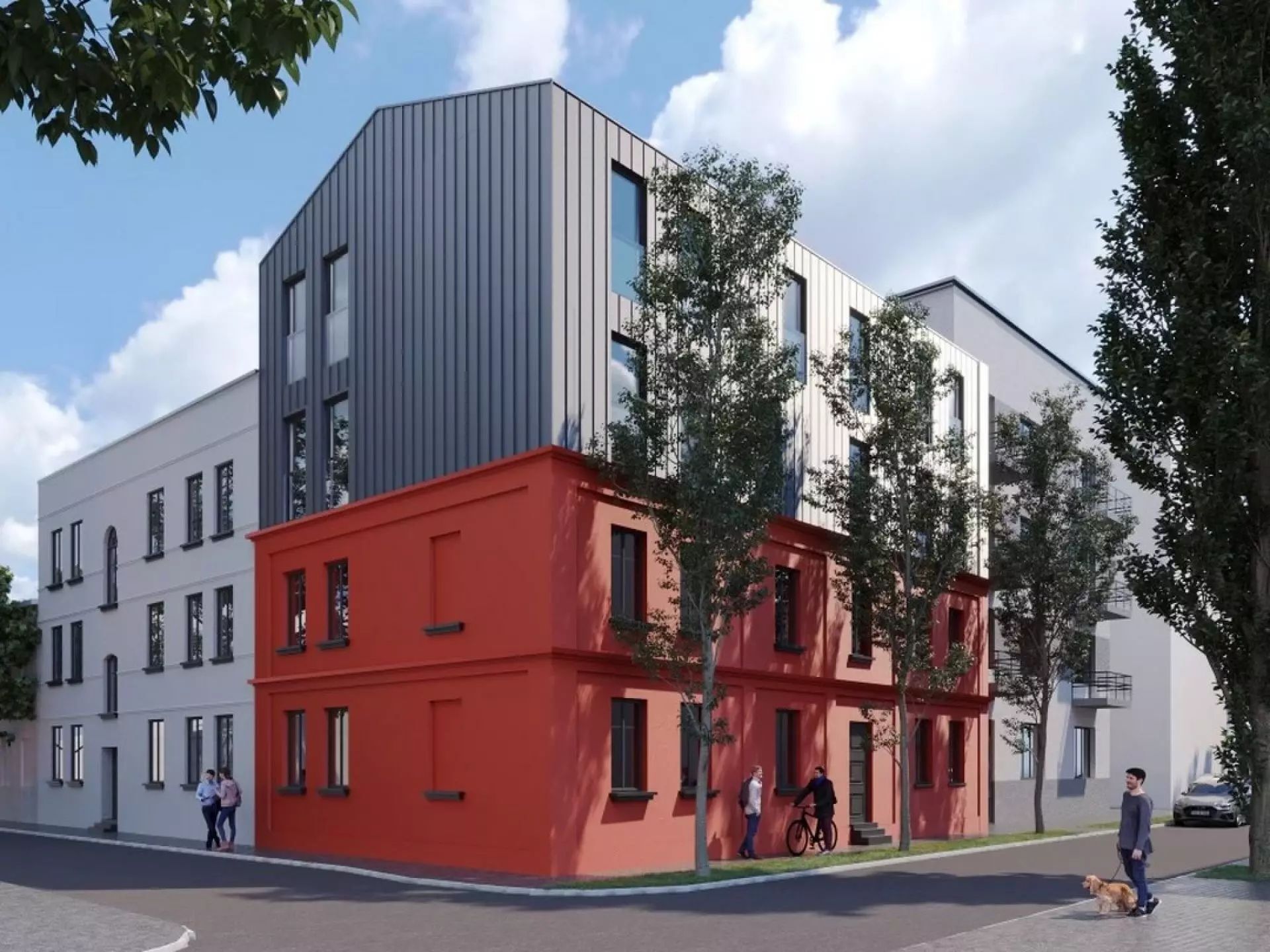Sosnowiec-Pogoń. „3 Kamienice” – wizualizacja projektu u zbiegu ulic Grochowej i Marii Skłodowskiej-Curie. Narożnik północno-zachodni.