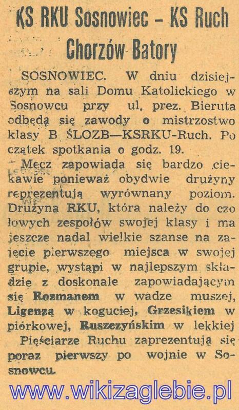 Becz bokserski. Klub Sportowy Rejonowej Komendy Uzupełnień w Sosnowcu kontra Klub Sportowy »Ruch« Chorzów Batory. Zapowiedź prasowa. Rok 1948