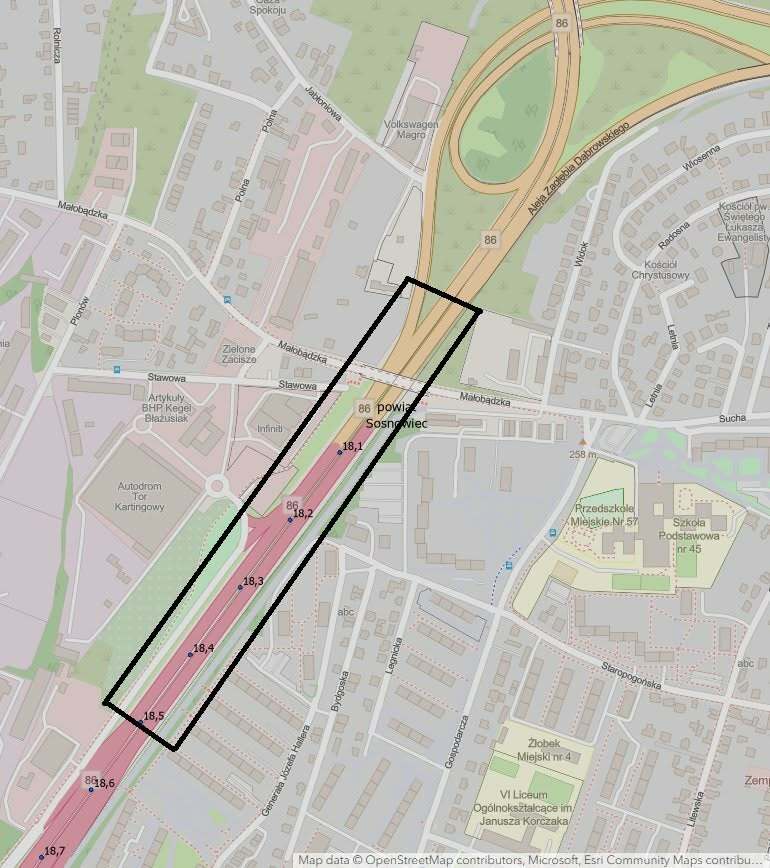 Sosnowiec-Rudna. Droga eksperesowa S86. Planowane zwężenie w związku z wymianą barier w dniach 28–30 października 2026. Mapa