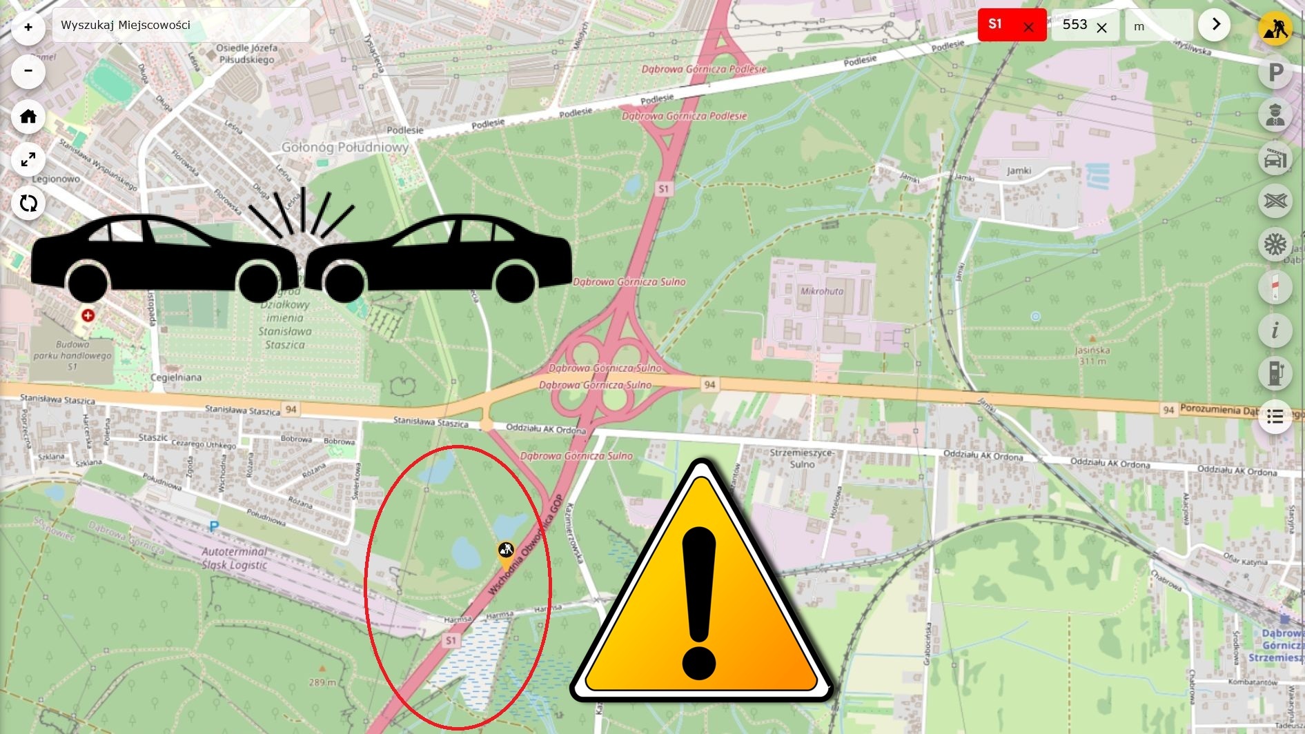 Sosnowiec. Droga ekspresowa S1. Wypadek z 24 kwietnia 2025 roku. Ilustracja.