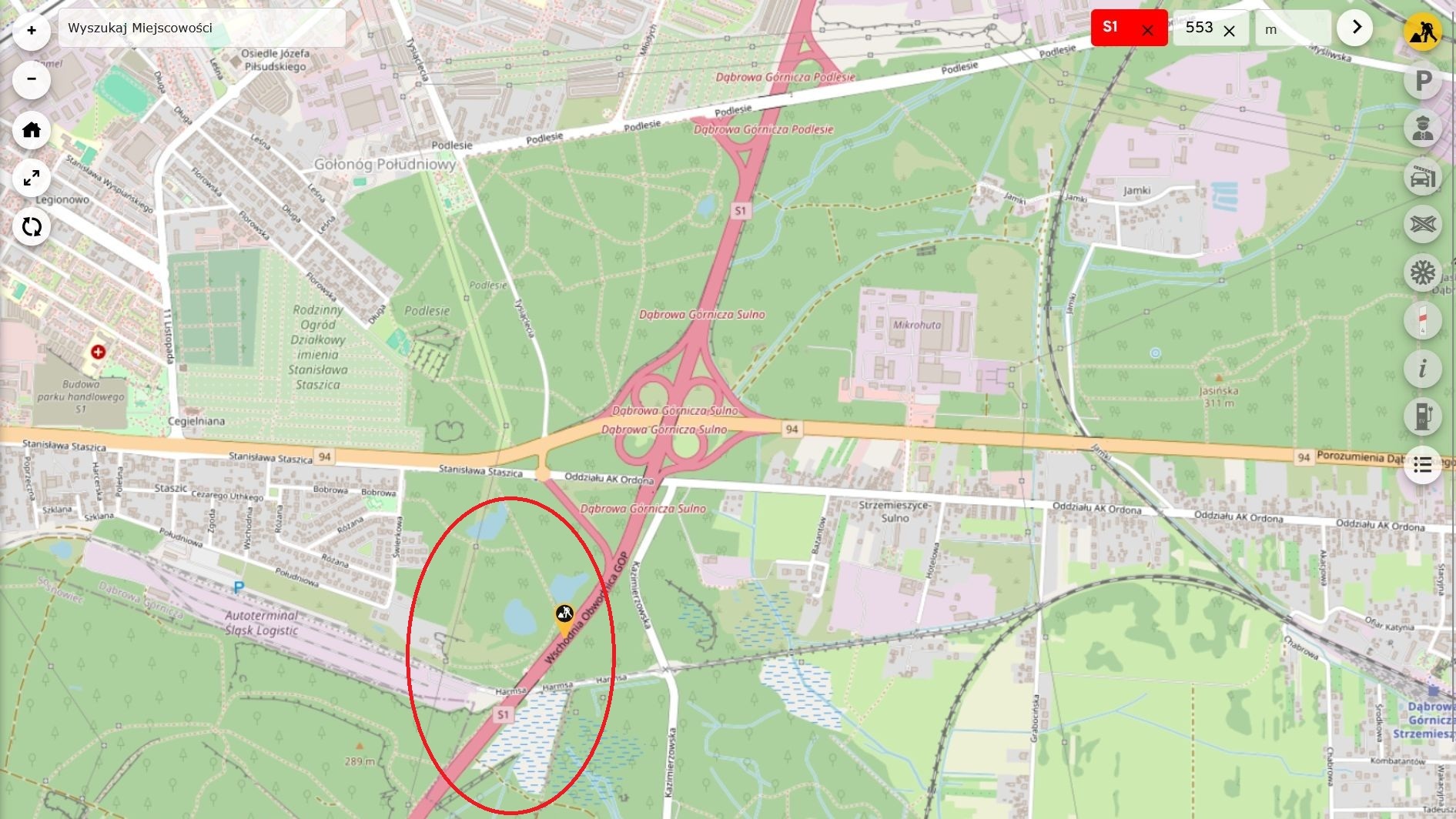 Sosnowiec. Droga ekspresowa S1. Wypadek z 24 kwietnia 2025 roku. Mapa.