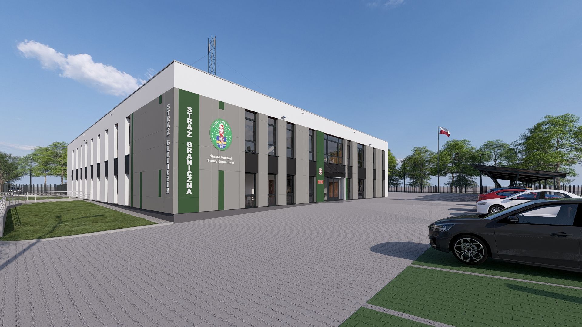 Sosnowiec-Sielec. Wizualizacja nowej siedziby placówki Staży Granicznej przy ul. Kombajnistów. 2025.
