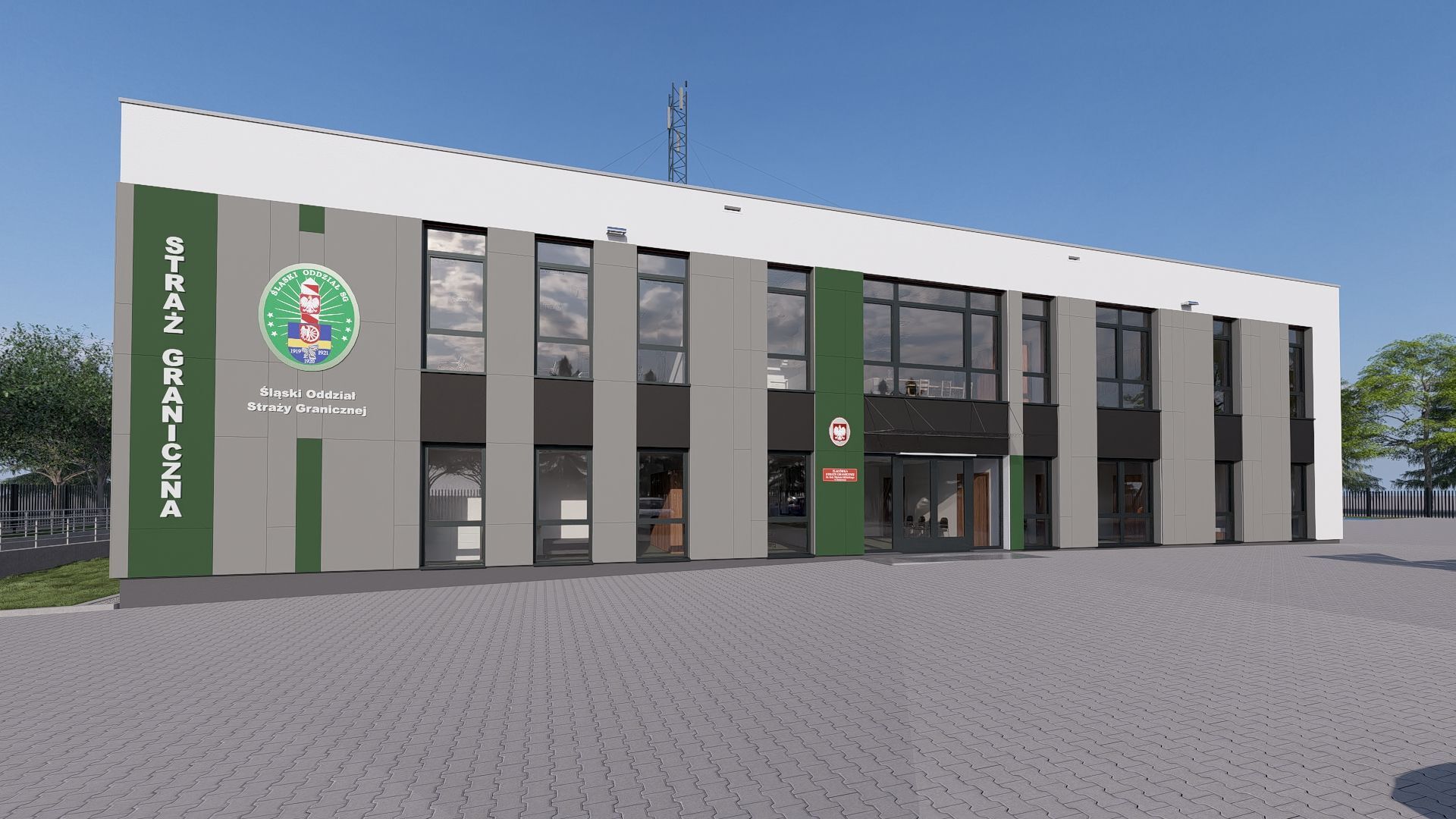 Sosnowiec-Sielec. Wizualizacja nowej siedziby placówki Staży Granicznej przy ul. Kombajnistów. 2025.