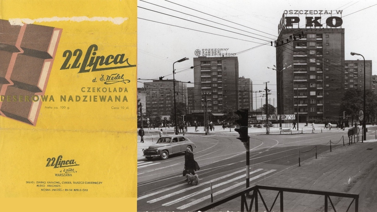 Opakowanie z czekolady deserowej, nadziewanej produkcji Zakładów Przemysłu Cukierniczego „22 Lipca” (dawniej: „E. Wedel”). Sosnowiec. Skrzyżowanie ulic Czerwonego Zagłębia i 22 Lipca w okolicach święta 22 Lipca. 1972 rok.