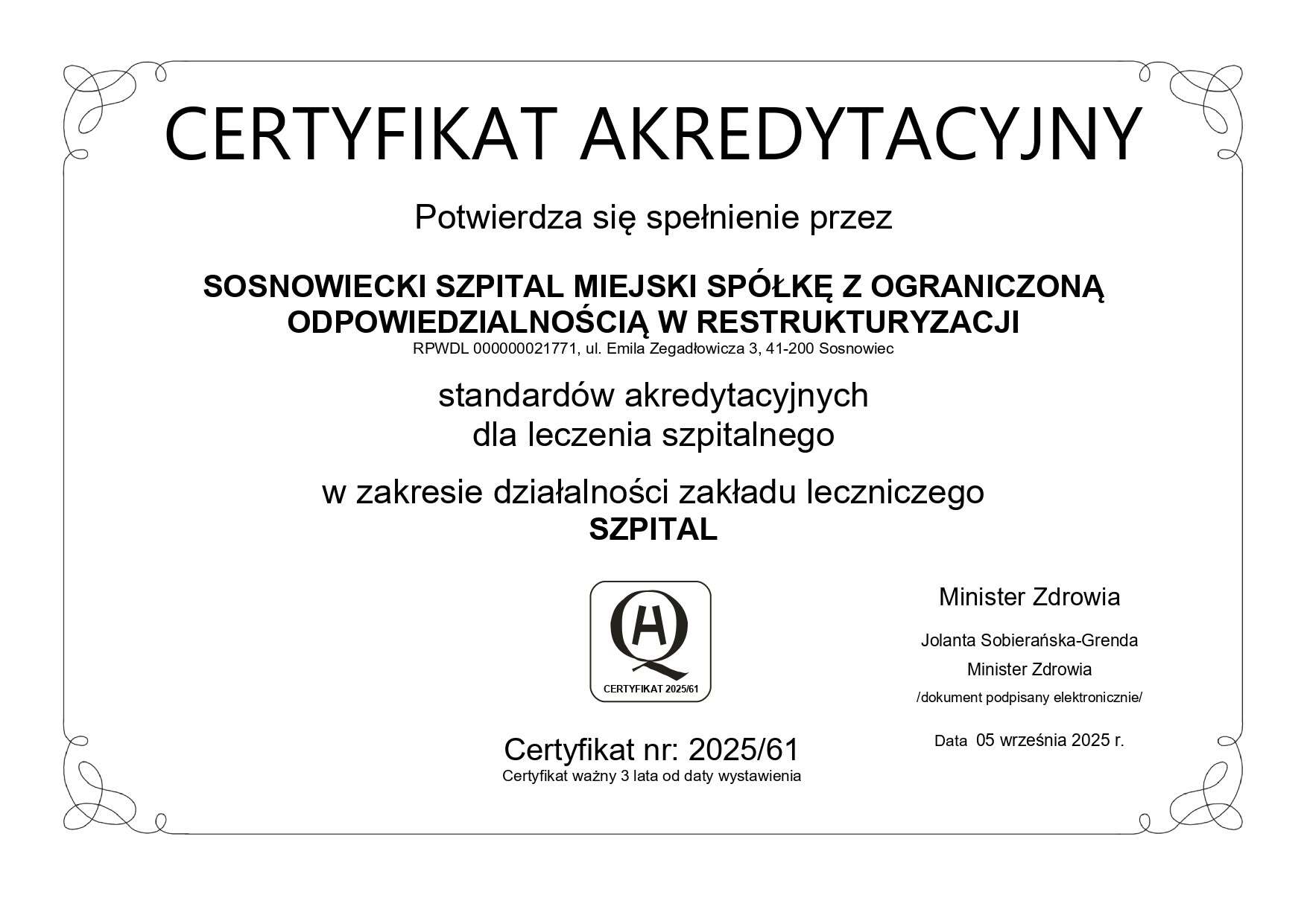 Sosnowiec-Ostra Górka. Sosnowiecki Szpital Miejski przy ul. Emila Zegadłowicza. Akredytacja 2025