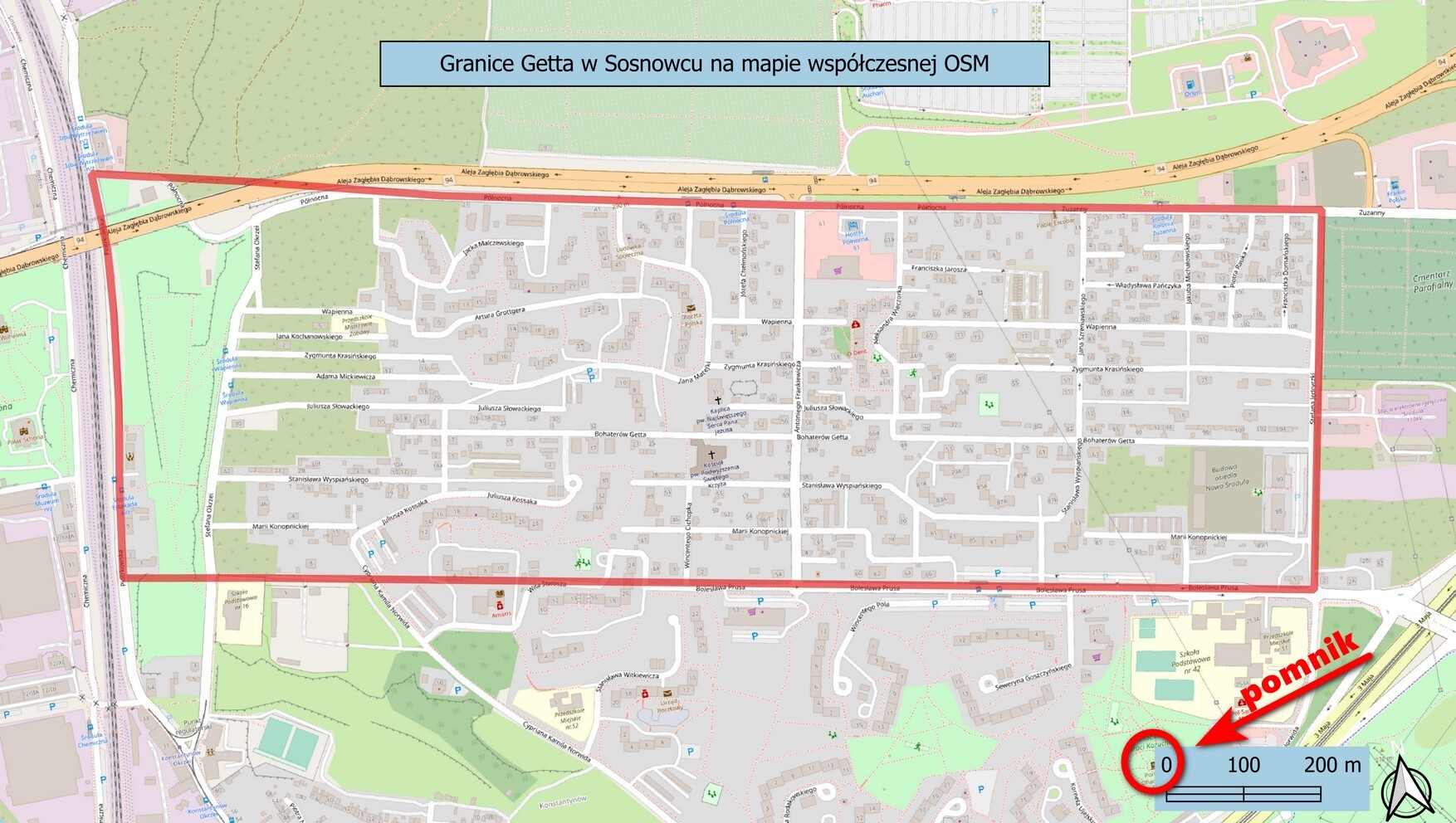 Sosnowiec-Środula. Granice getta żydowskiego oraz miejse pomnika naniesione na mapę z obecnych czasów