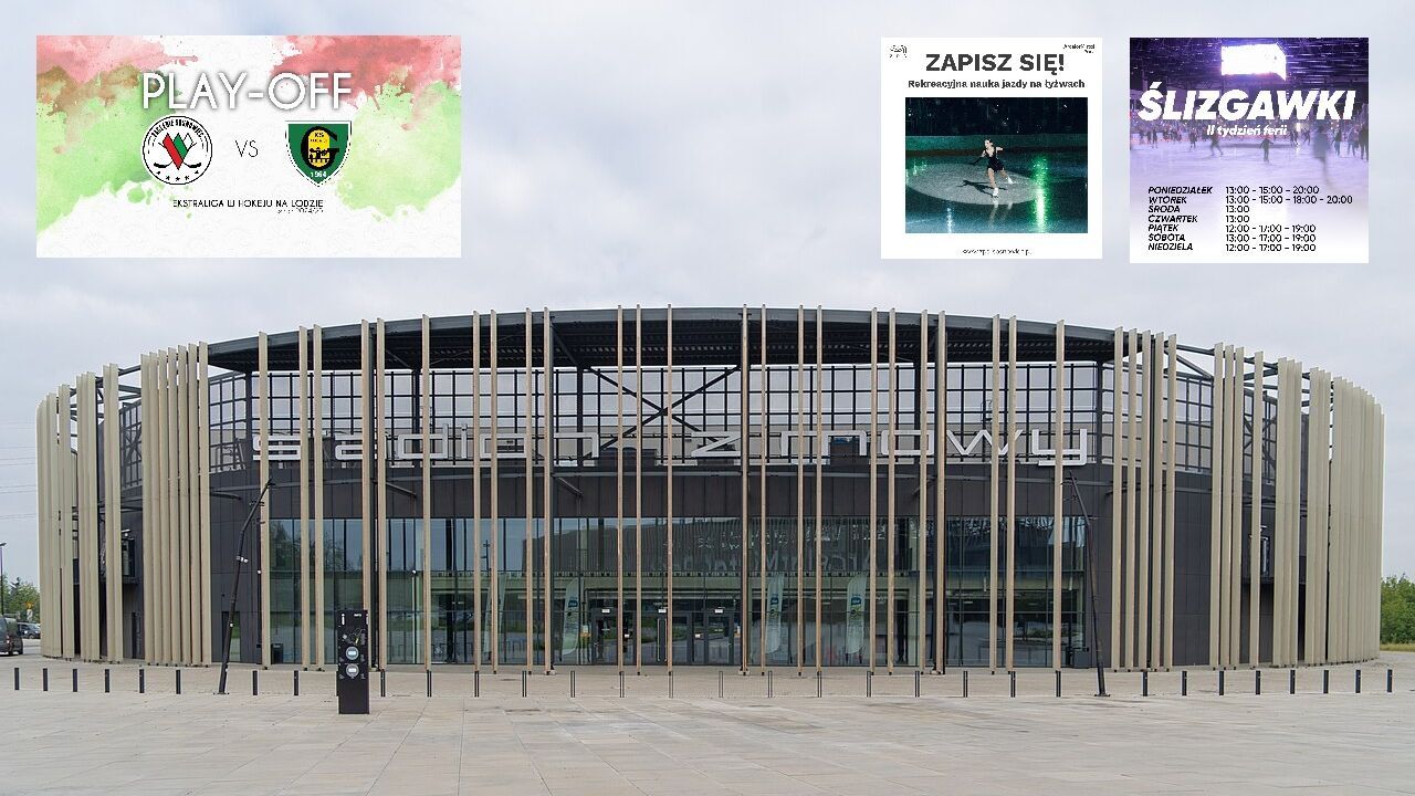 Sosnowiec. Stadion Zimowy. Zaproszenie na mecze play-off „Zagłębie" Sosnowiec – G.K.S. Katowice, ślizgawki w czasie ferii i naukę jazdy na łyżwach. Luty 2025.
