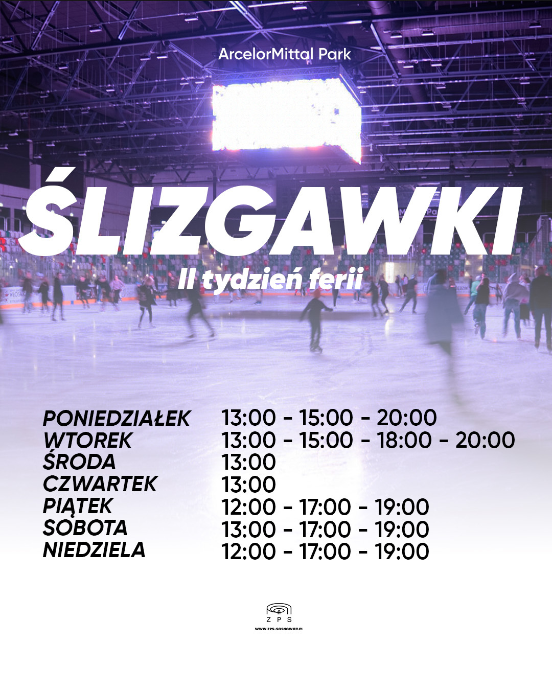 Sosnowiec. Stadion Zimowy w Zagłębiowskim Parku Sportowym. Ślizgawki – II tydzień ferii 2025.