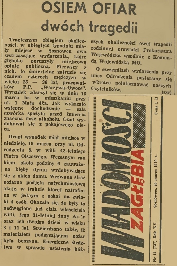Zbrodnia przy ulicy Odrodzenia 8 na Starym Sosnowcu. Artykuł prasowy. 20 marca 1970