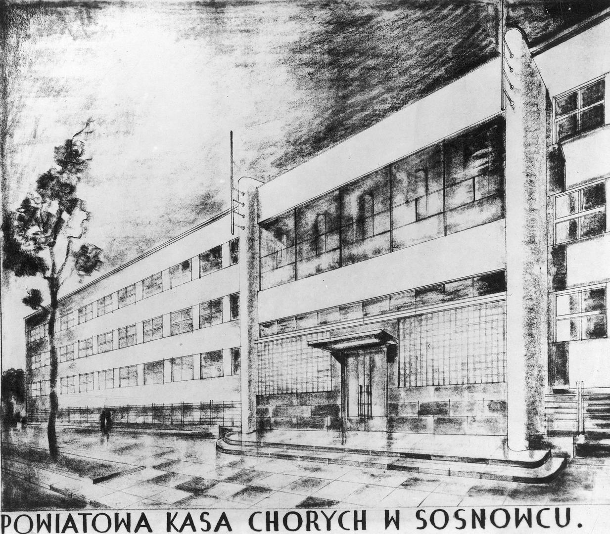 Sosnowiec. Ulica 3 Maja 33. Ubezpieczalnia społeczna i szpital położniczy. Projekt