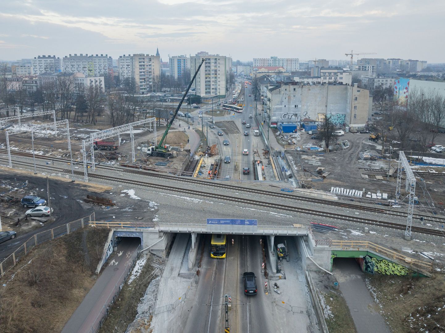 Sosnowiec. Przebudowa linii kolejowej e65. Wiadukt nad ulicą Józefa Piłsudskiego. 20 lutego 2026