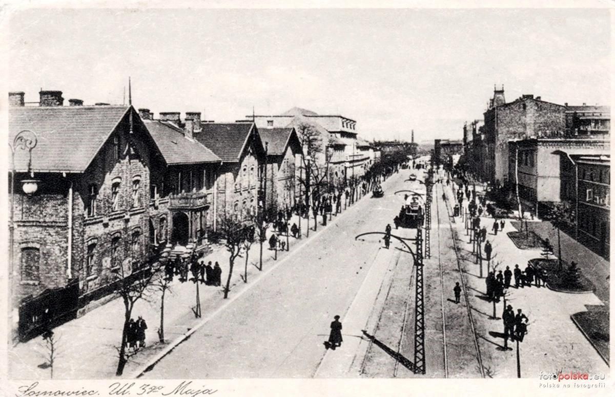 Sosnowiec. Ulica Trzeciego Maja. Domy kolejowe, restauracja «Savoy», kinoteatr «Zagłębie», Dom Czterech Kupców. Rok 1928.