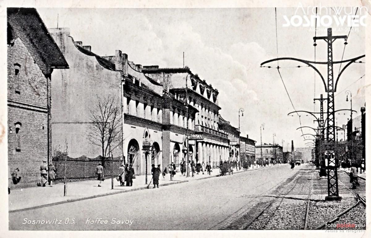 Sosnowiec. Ulica Trzeciego Maja. Domy kolejowe, restauracja «Savoy», kinoteatr «Zagłębie», Dom Czterech Kupców. Lata 1935-1939.