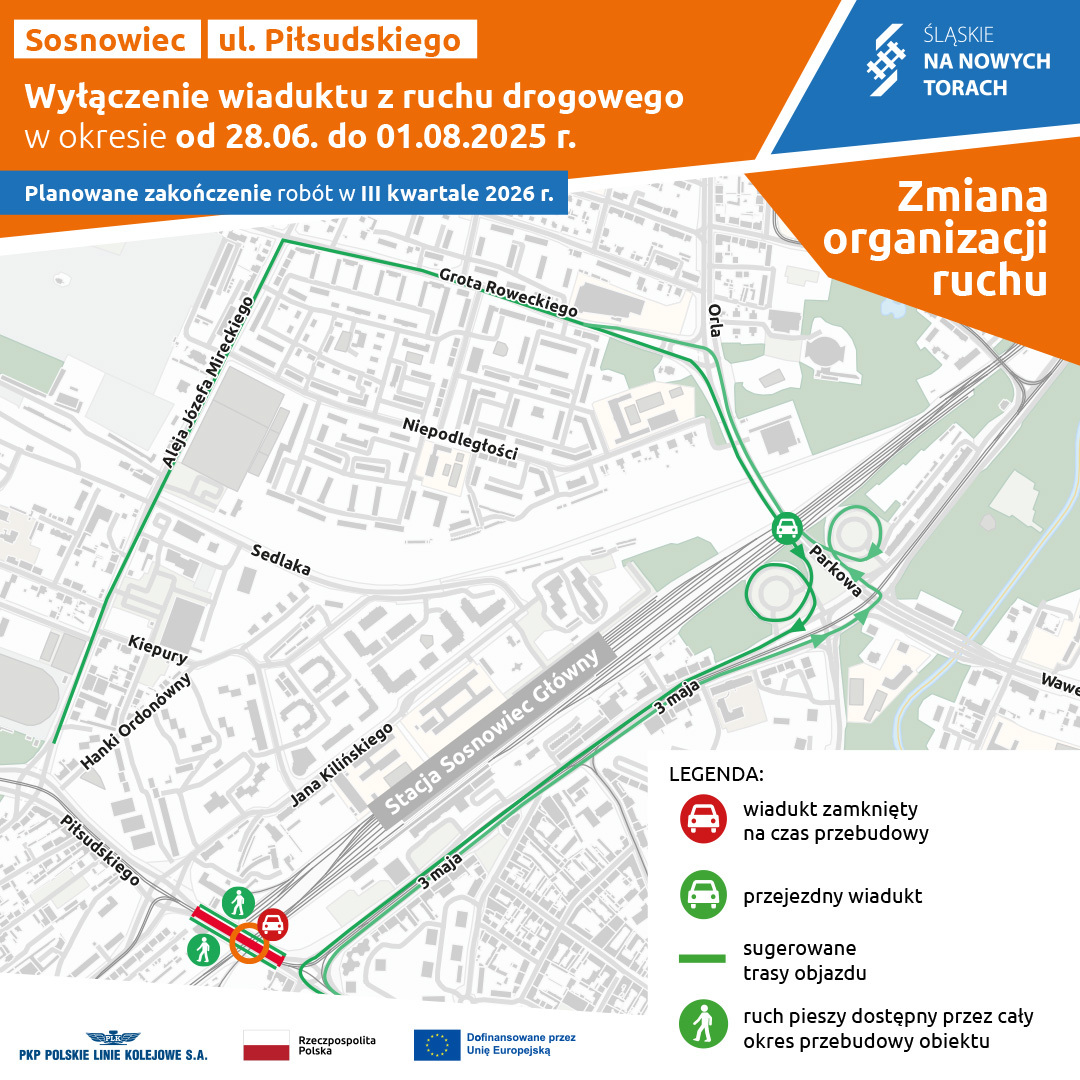 Schemat objazdów drogowych w związku z zamknięciem przejazdu ulicą Józefa Piłsudskiego w Sosnowcu pod wiaduktem kolejowym od 28 czerwca 2025 roku.