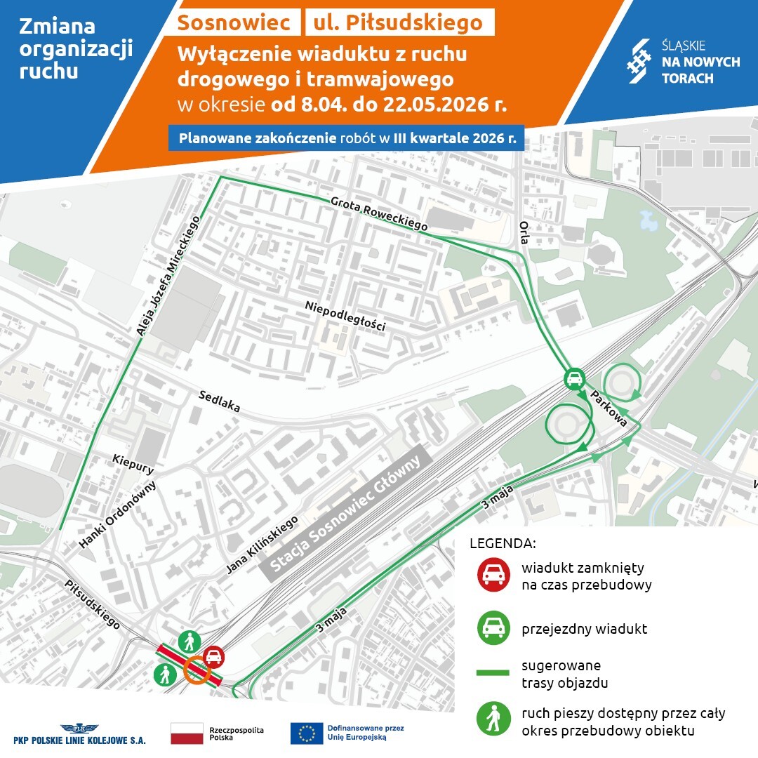 Schemat objazdów drogowych w związku z zamknięciem przejazdu ulicą Józefa Piłsudskiego w Sosnowcu pod wiaduktem kolejowym od 8 kwietnia 2026 roku