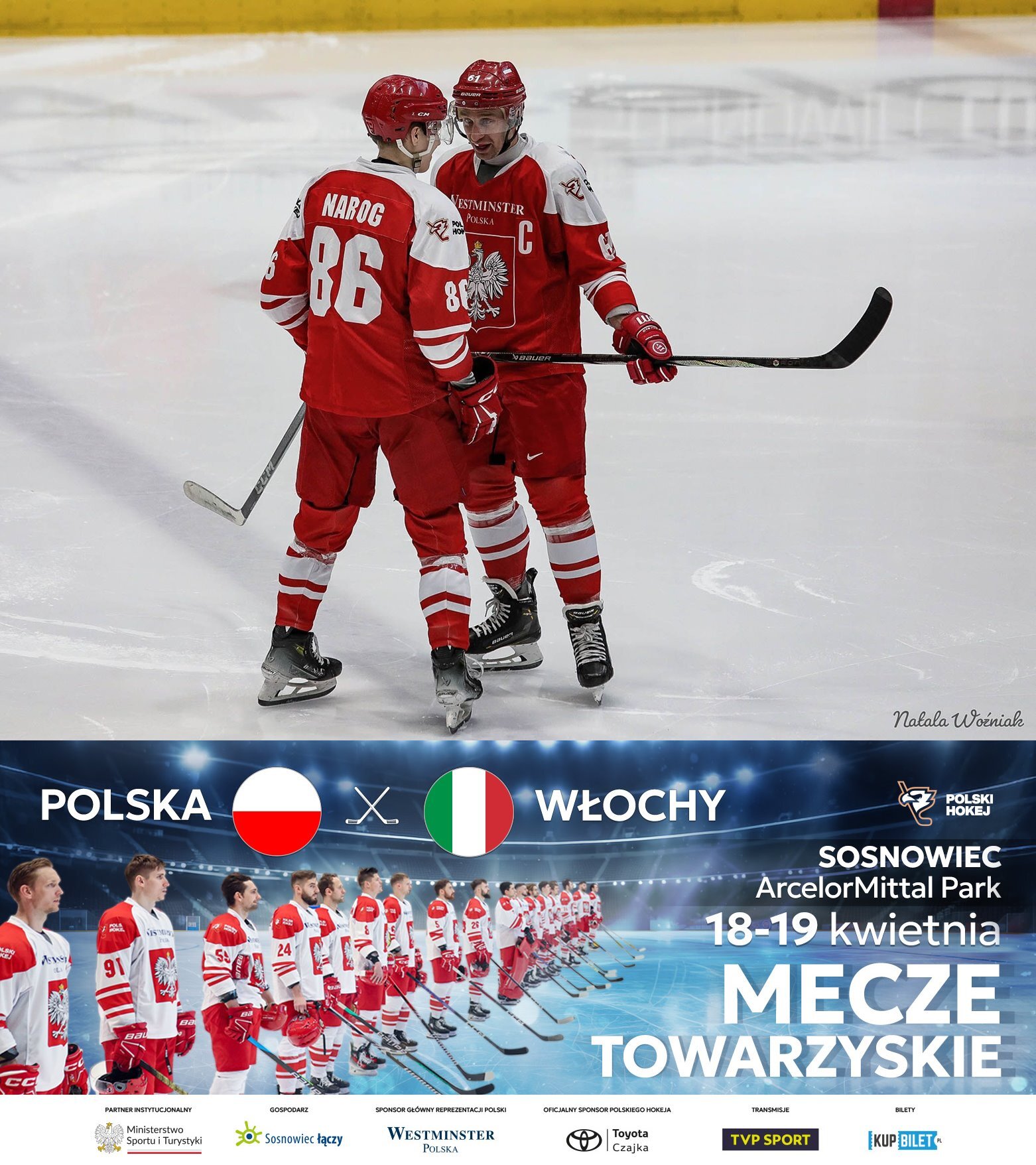 Sosnowiec. Mecz męskich reprezentacji Polski w hokeju na lodzie. Zagłębiowski Park Sportowy. 18 – 19 kwietnia 2025.