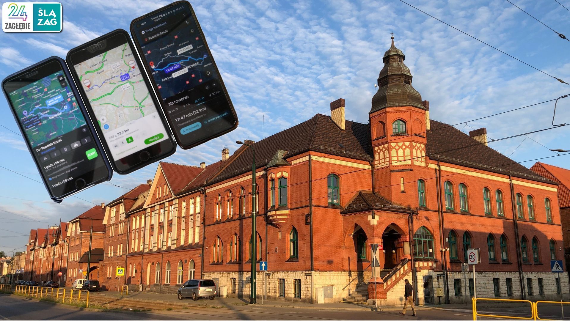 Trzy telefony z uruchomionymi aplikacjami do nawigacji (opcja „rower”): Google Maps, Apple Maps, Mapy.cz. Trasa Sosnowiec-centrum – Zabrze-Biskupice, «Fortepianarium». 9 sierpnia 2025.