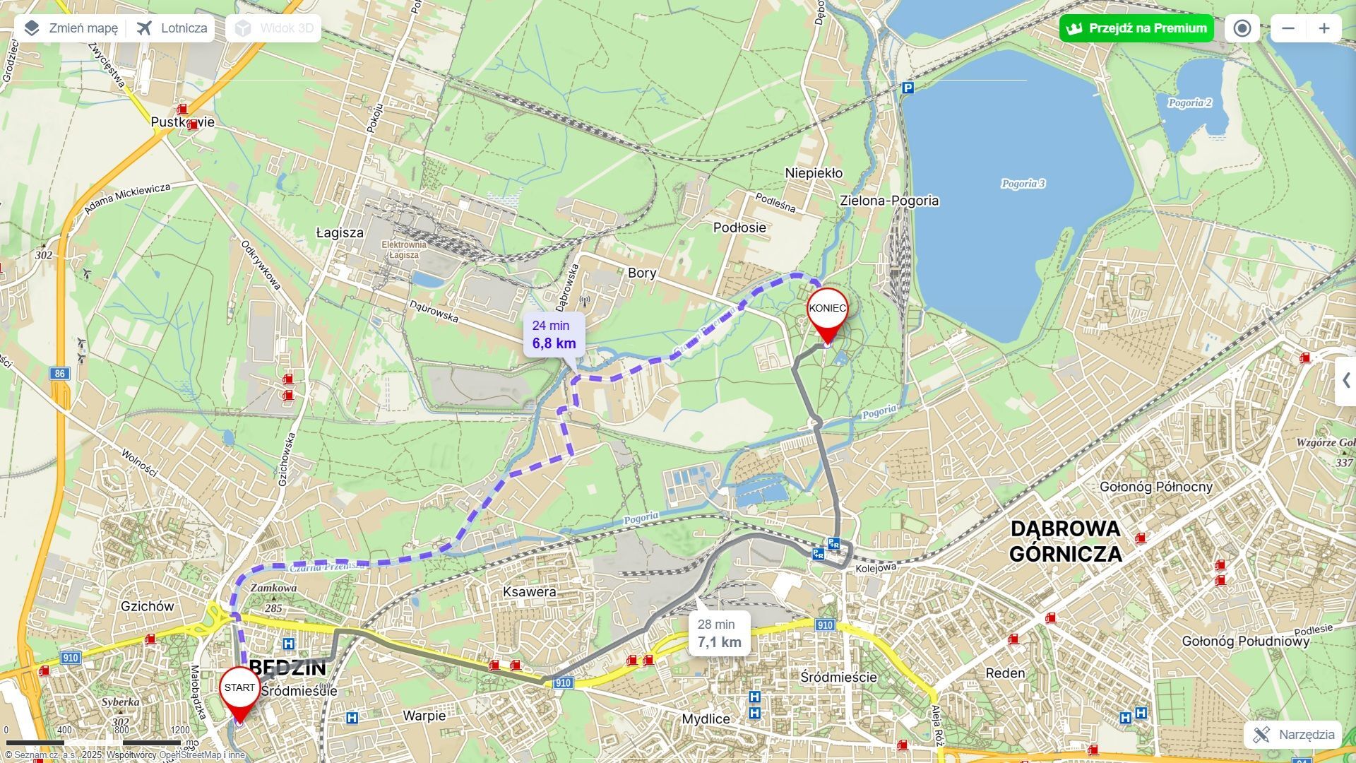 Wycieczka rowerowa: Miejska i Powiatowa Biblioteka Publiczna w Będzinie – Park „Zielona” w Dąbrowie Górniczej. Mapa.