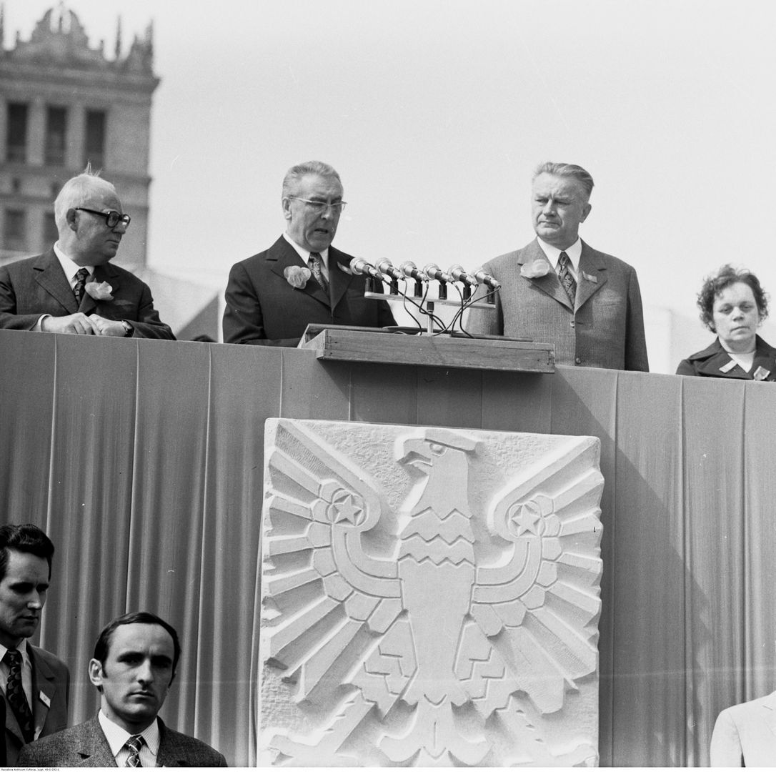 Warszawa. Świeto 1 Maja. Henryk Jabłoński, Edward Gierek i Piotr Jaroszewicz. 1 maja 1973.